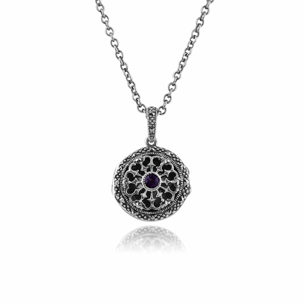 Art Nouveau Style Round Amethyst & Marcasite Locket on Chain 925 Sterling