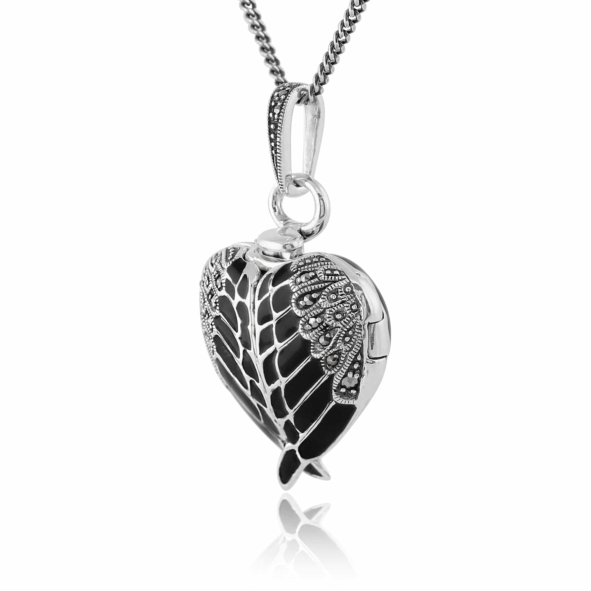 Art Nouveau Style Round Marcasite & Black Enamel Angel Wing Heart Locket on Chain in 925 Sterling Silver - Gemondo