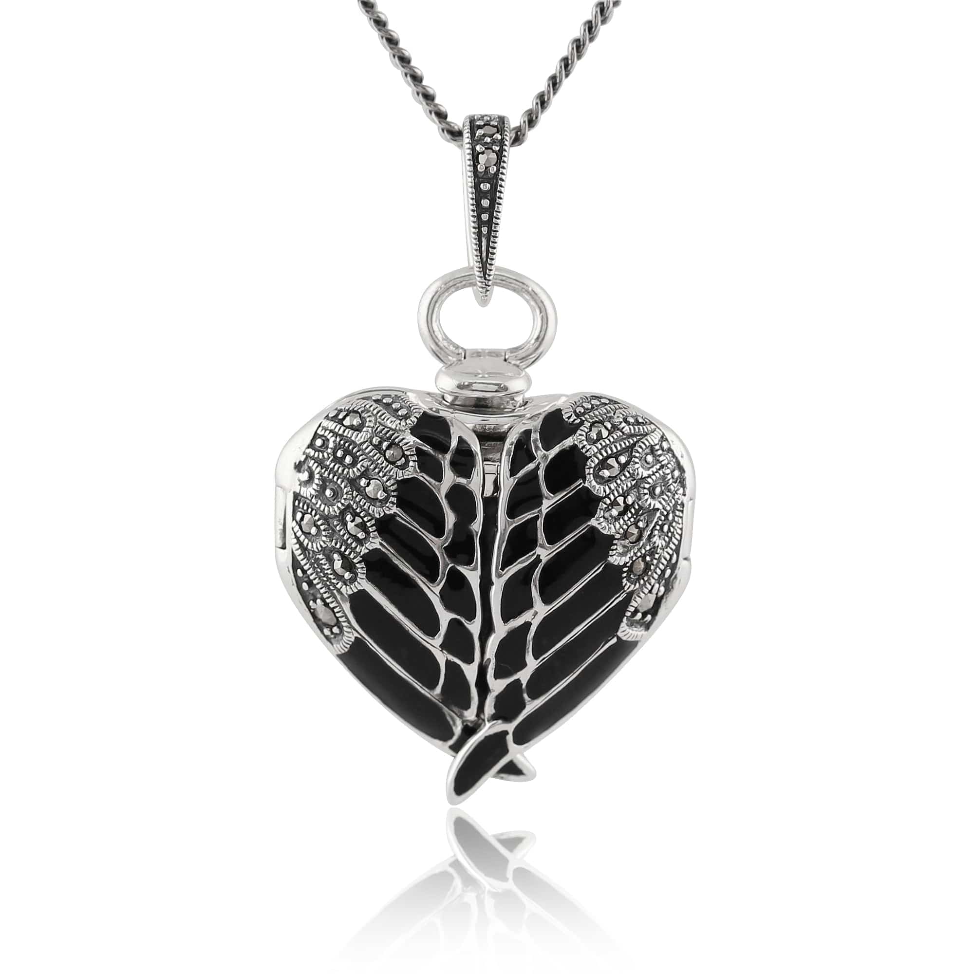 Art Nouveau Style Round Marcasite & Black Enamel Angel Wing Heart Locket on Chain in 925 Sterling Silver - Gemondo