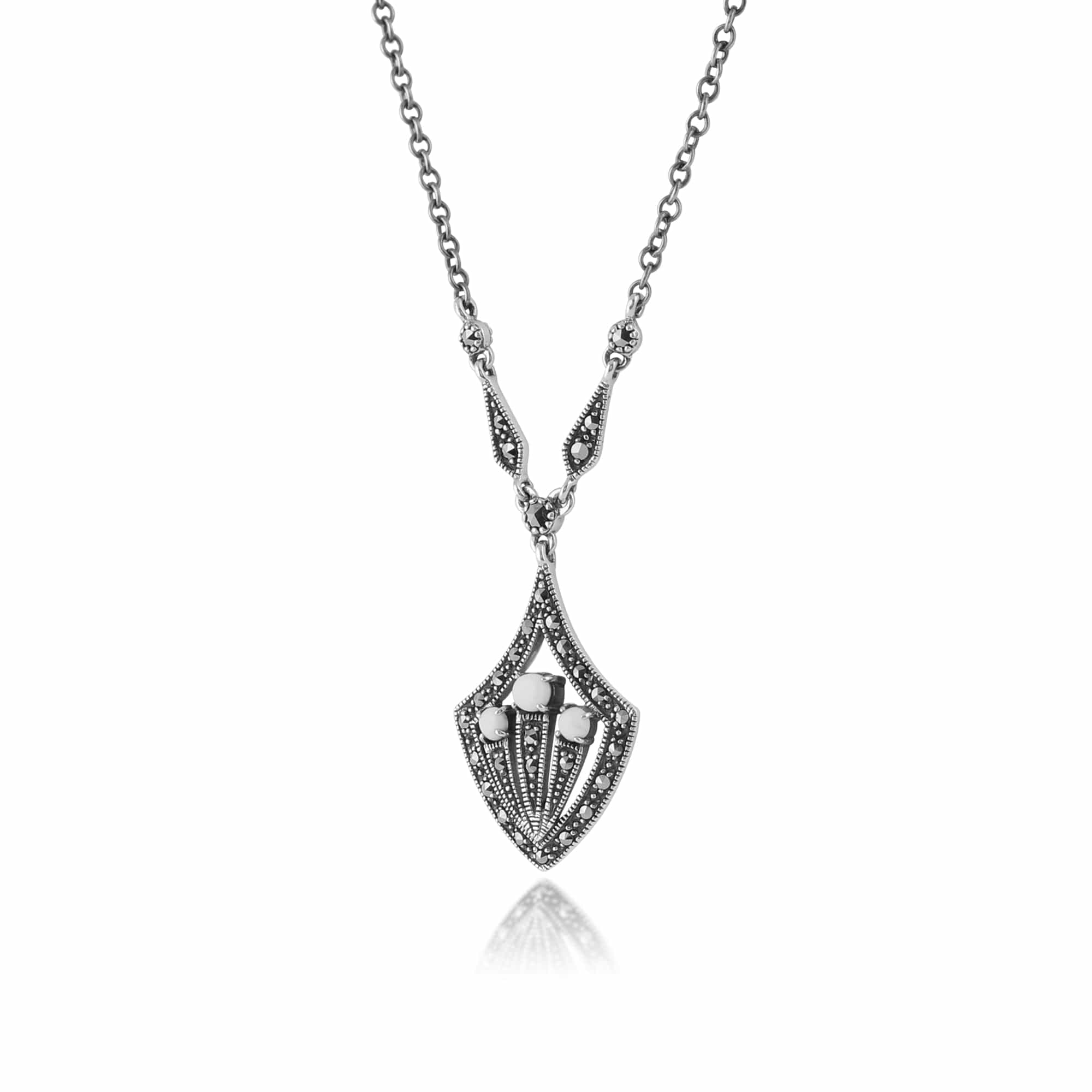 Art Deco Style Round Opal Cabochon Marcasite Necklace in Silver Gemondo