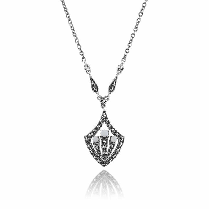 Art Deco Style Round Opal Cabochon & Marcasite Necklace 