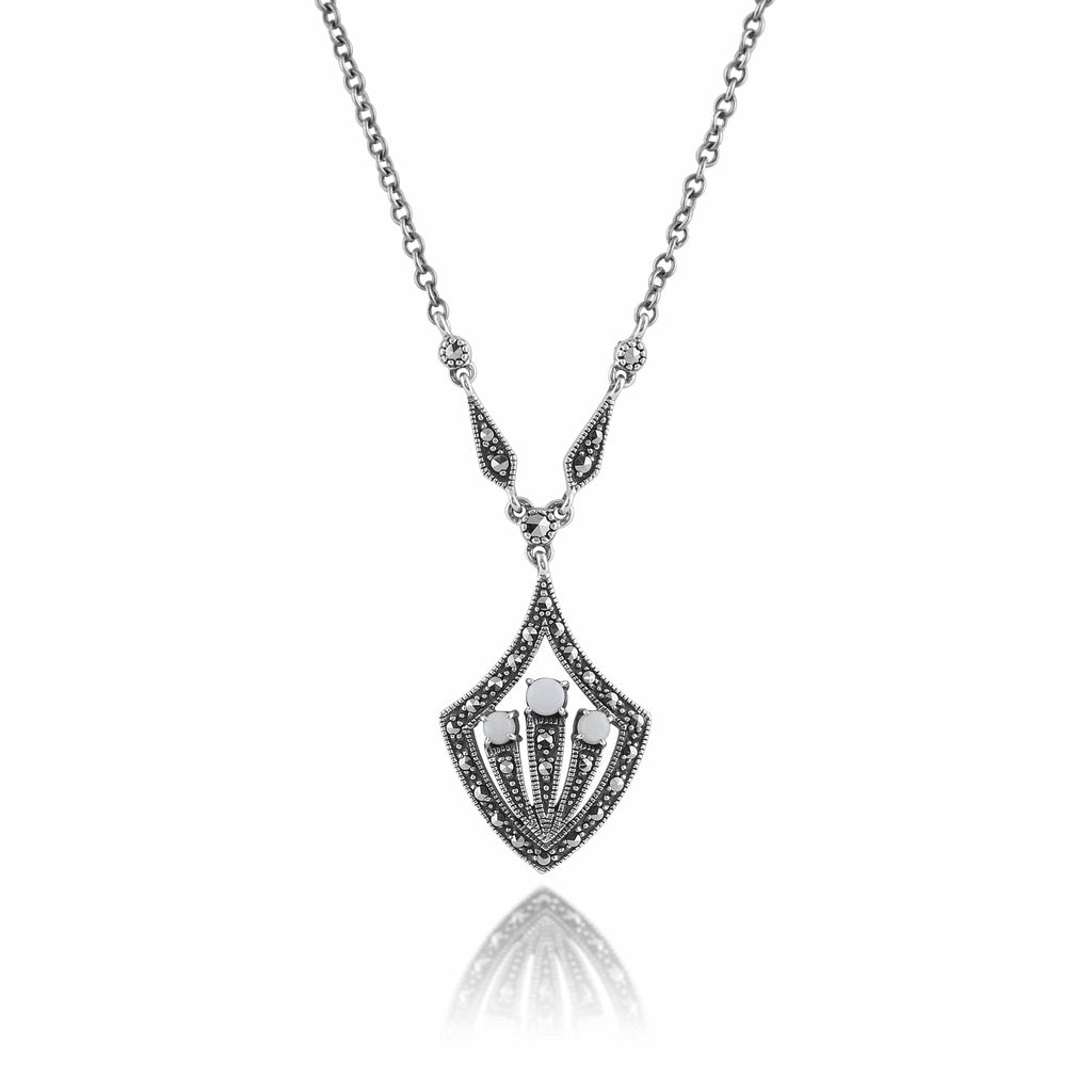 Art Deco Style Round Opal Cabochon & Marcasite Necklace