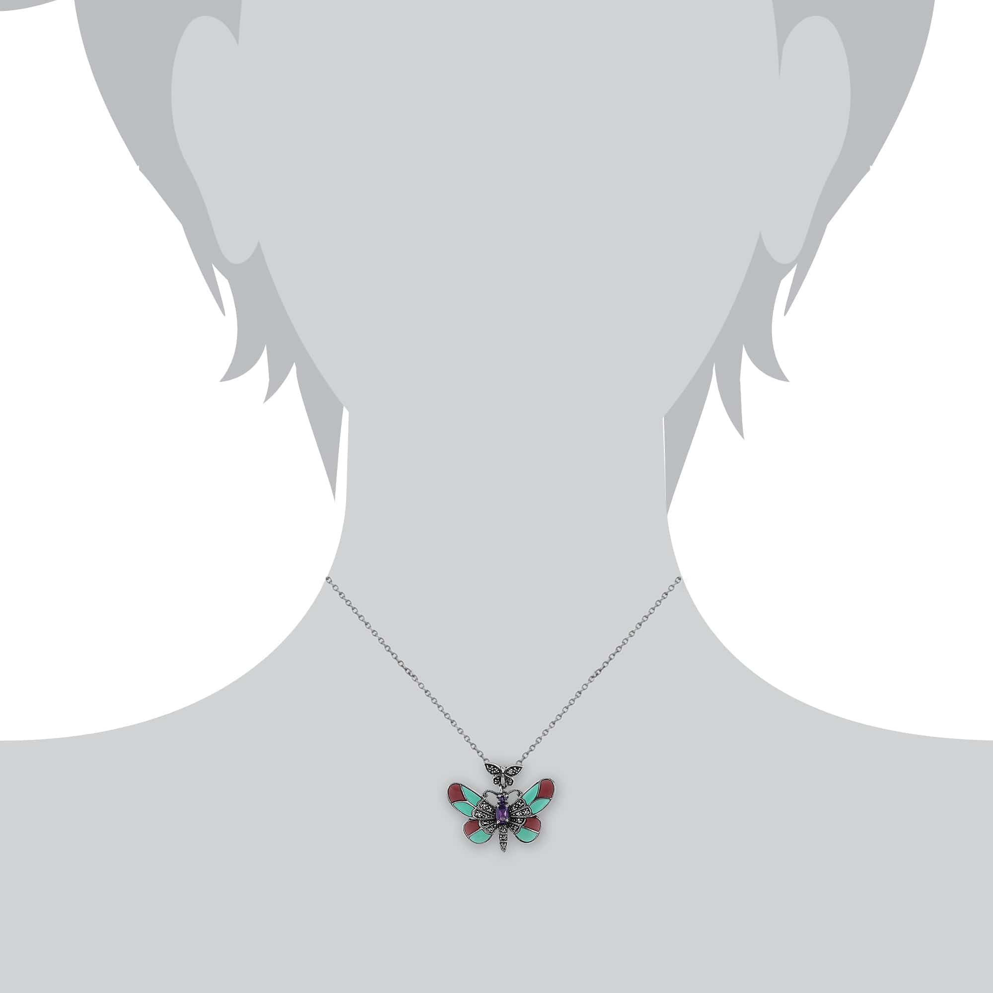 Art Nouveau Style Oval Amethyst, Marcasite & Enamel Butterfly Necklace in 925 Sterling Silver - Gemondo