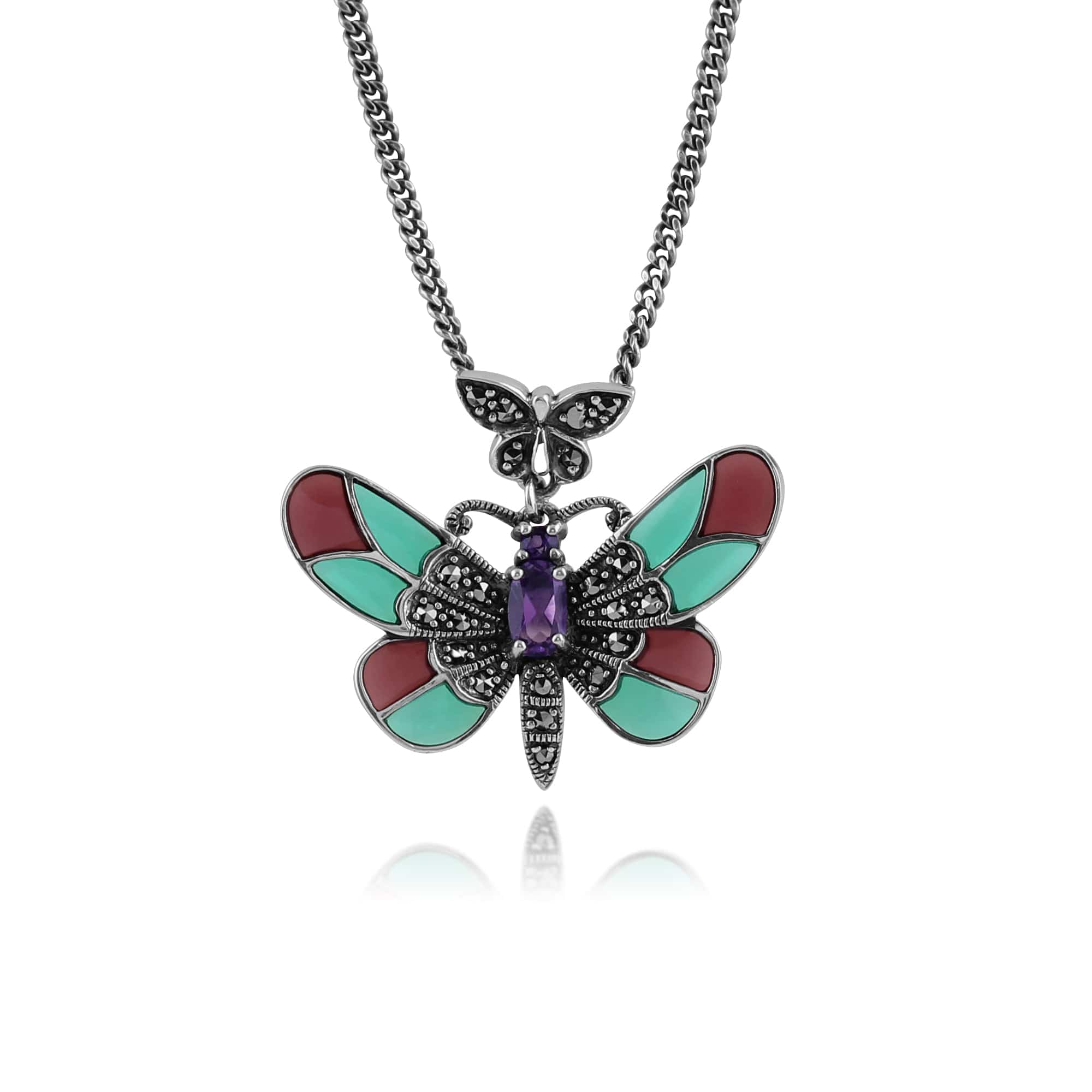 Art Nouveau Style Oval Amethyst, Marcasite & Enamel Butterfly Necklace in 925 Sterling Silver - Gemondo