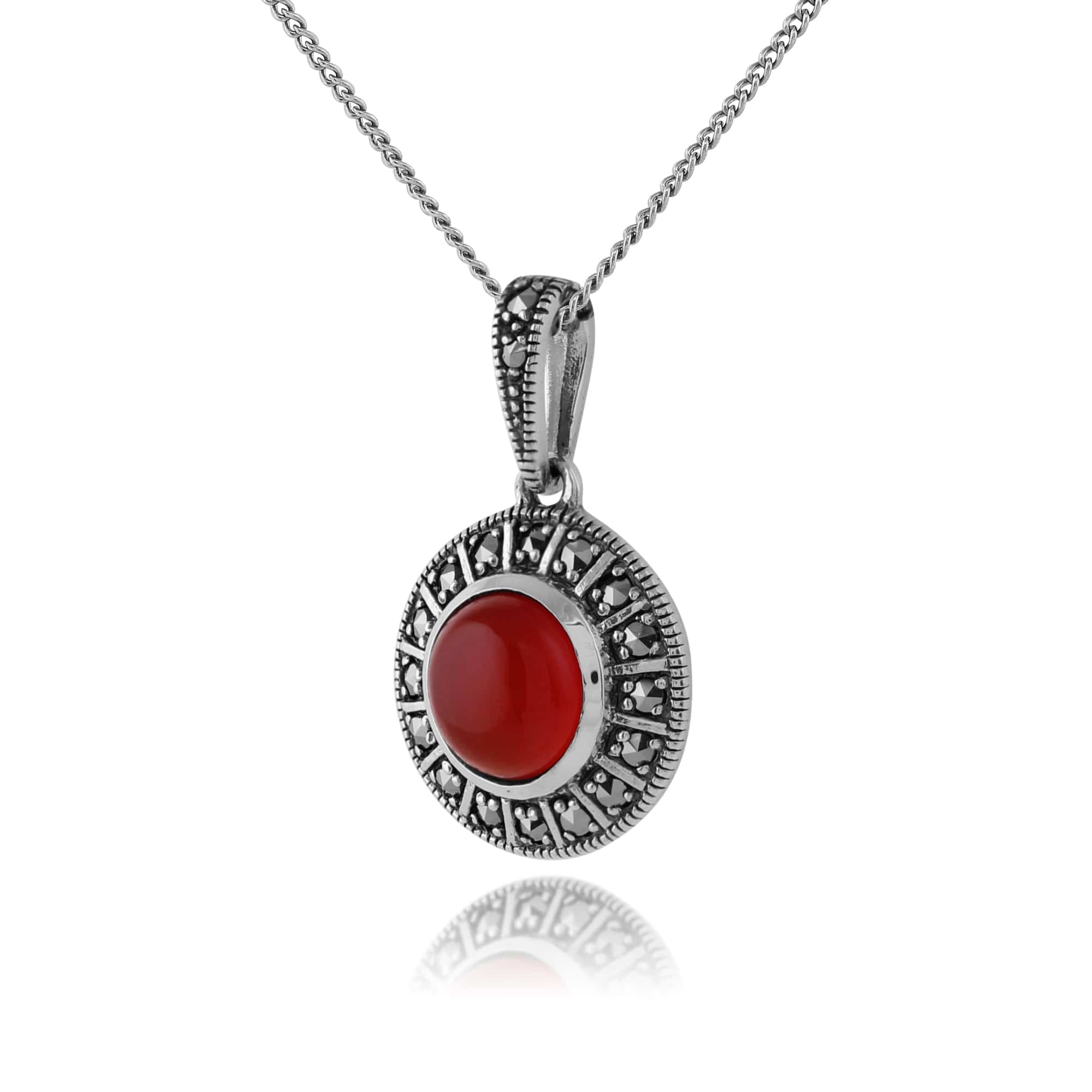 Art Deco Style Round Carnelian Cabochon & Marcasite Pendant in 925 Sterling Silver - Gemondo