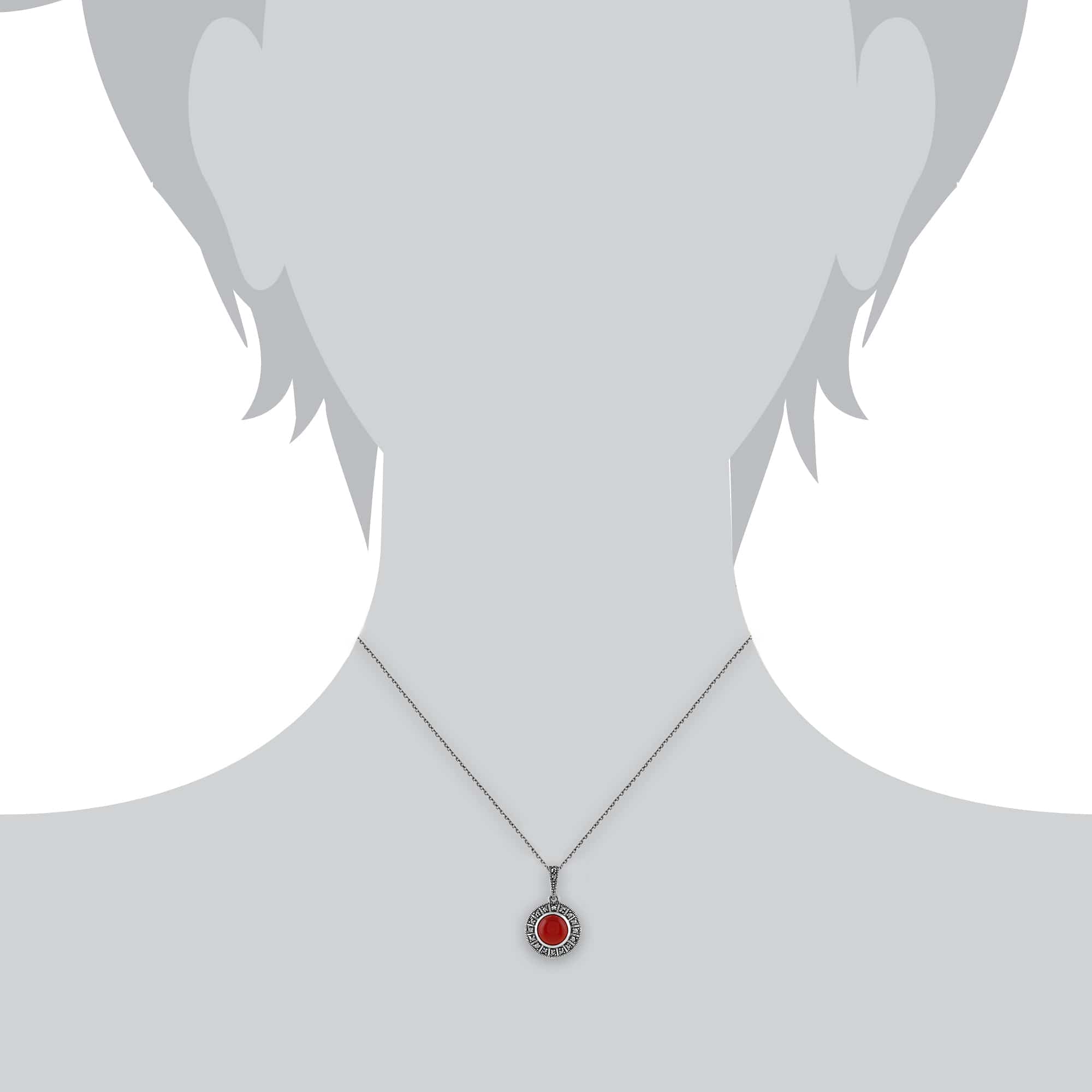 Art Deco Style Round Carnelian Cabochon & Marcasite Pendant in 925 Sterling Silver - Gemondo