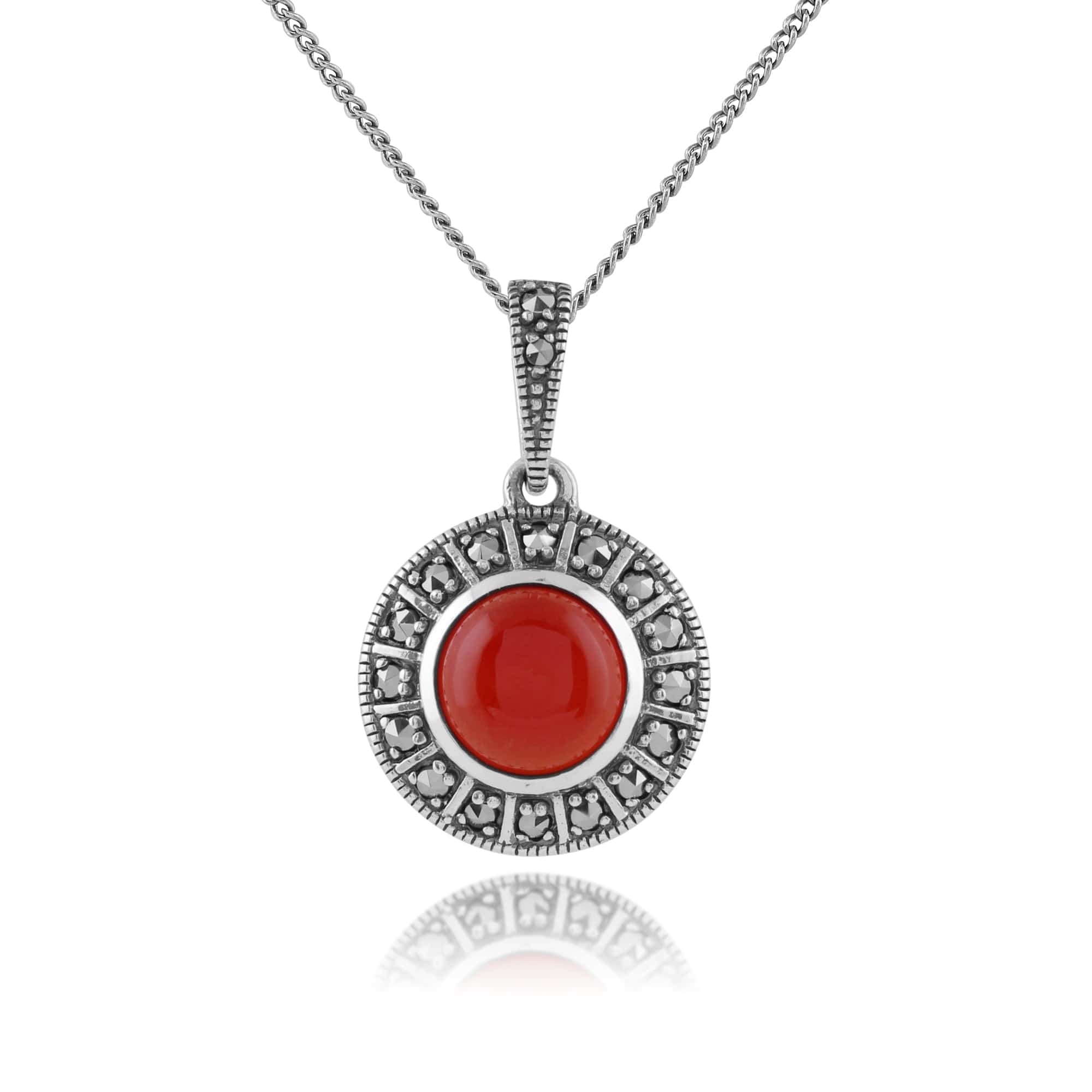Art Deco Style Round Carnelian Cabochon & Marcasite Pendant in 925 Sterling Silver