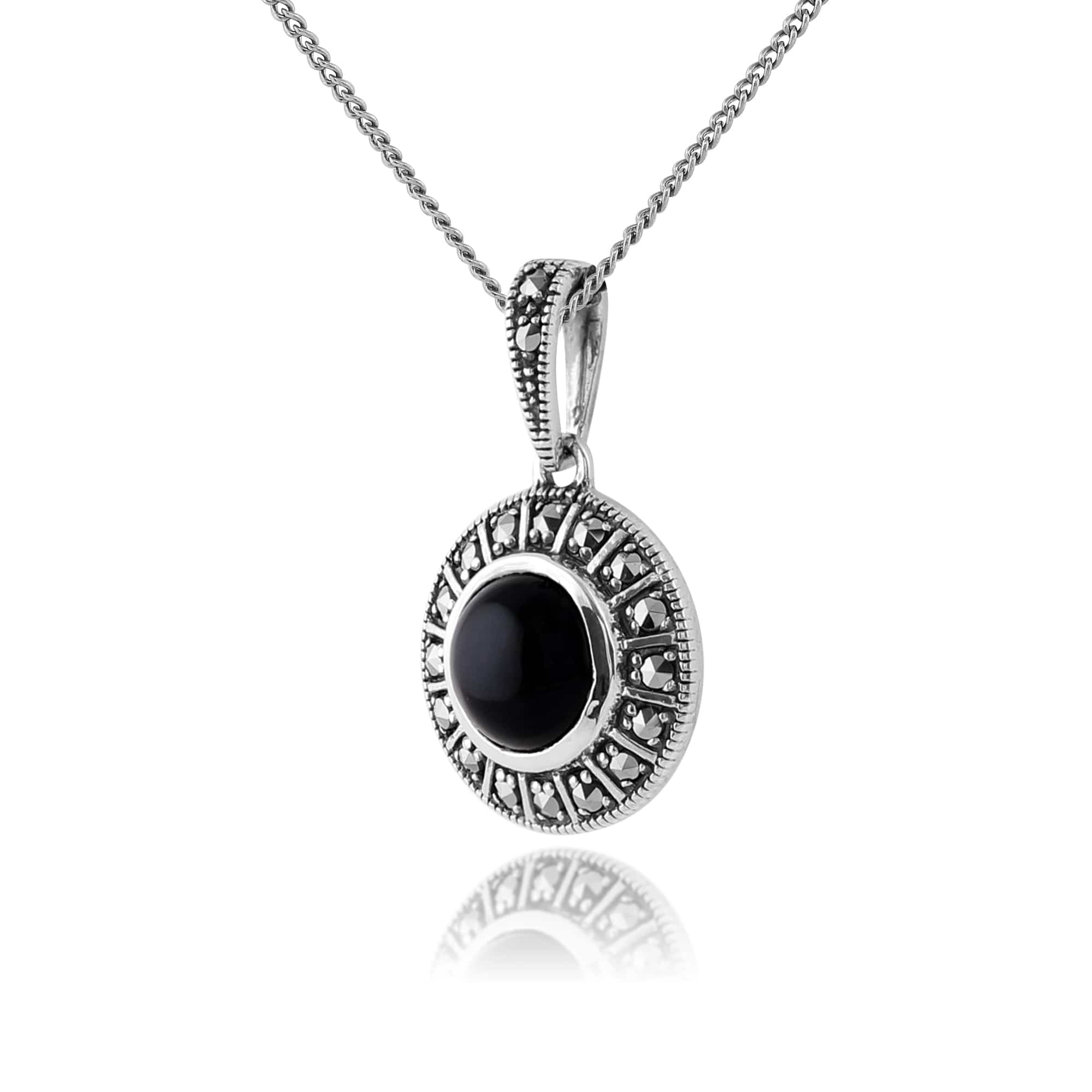 Art Deco Style Round Black Onyx Cabochon & Marcasite Pendant In Sterling Silver - Gemondo
