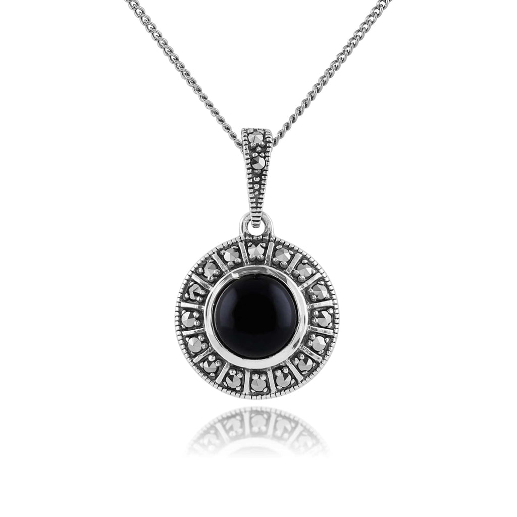 Art Deco Style Round Onyx Cabochon & Marcasite Pendant Sterling Silver