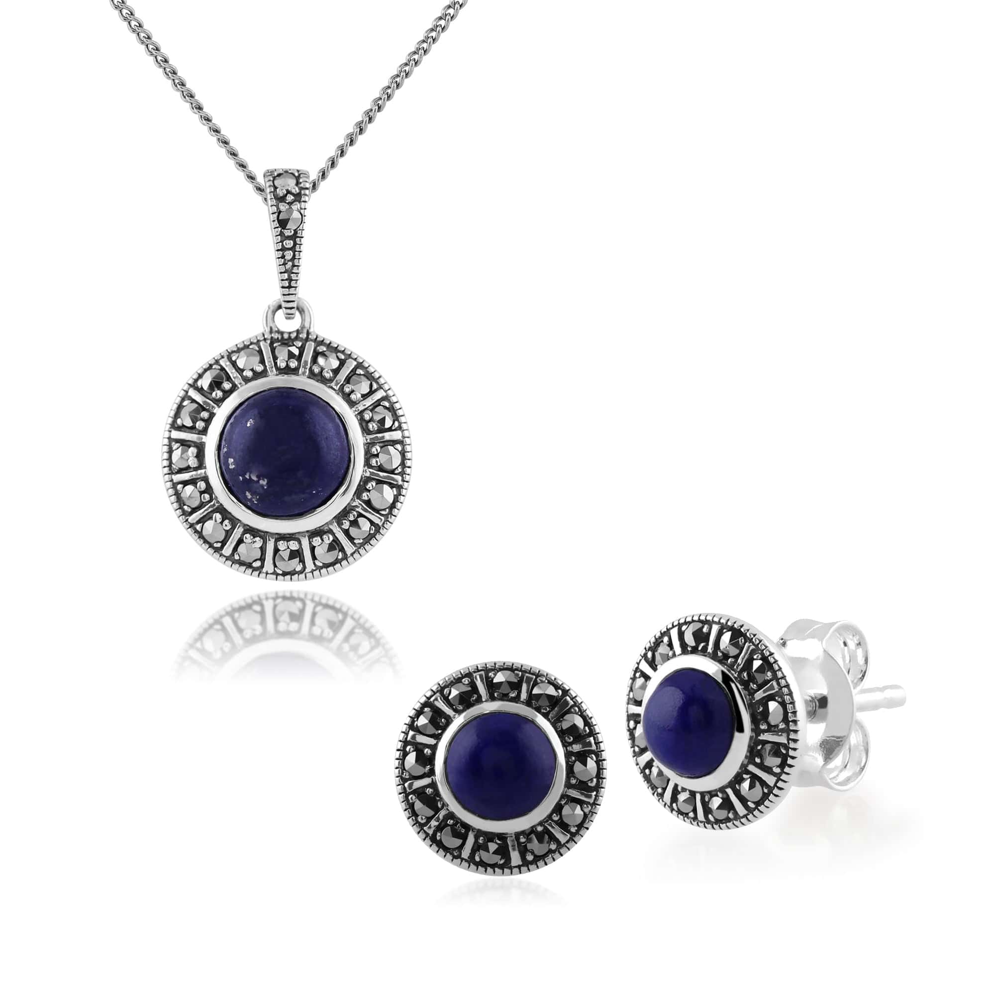 214E850402925-214N646503925 Art Deco Style Round Lapis Lazuli & Marcasite Halo Stud Earrings & Pendant Set in 925 Sterling Silver 1