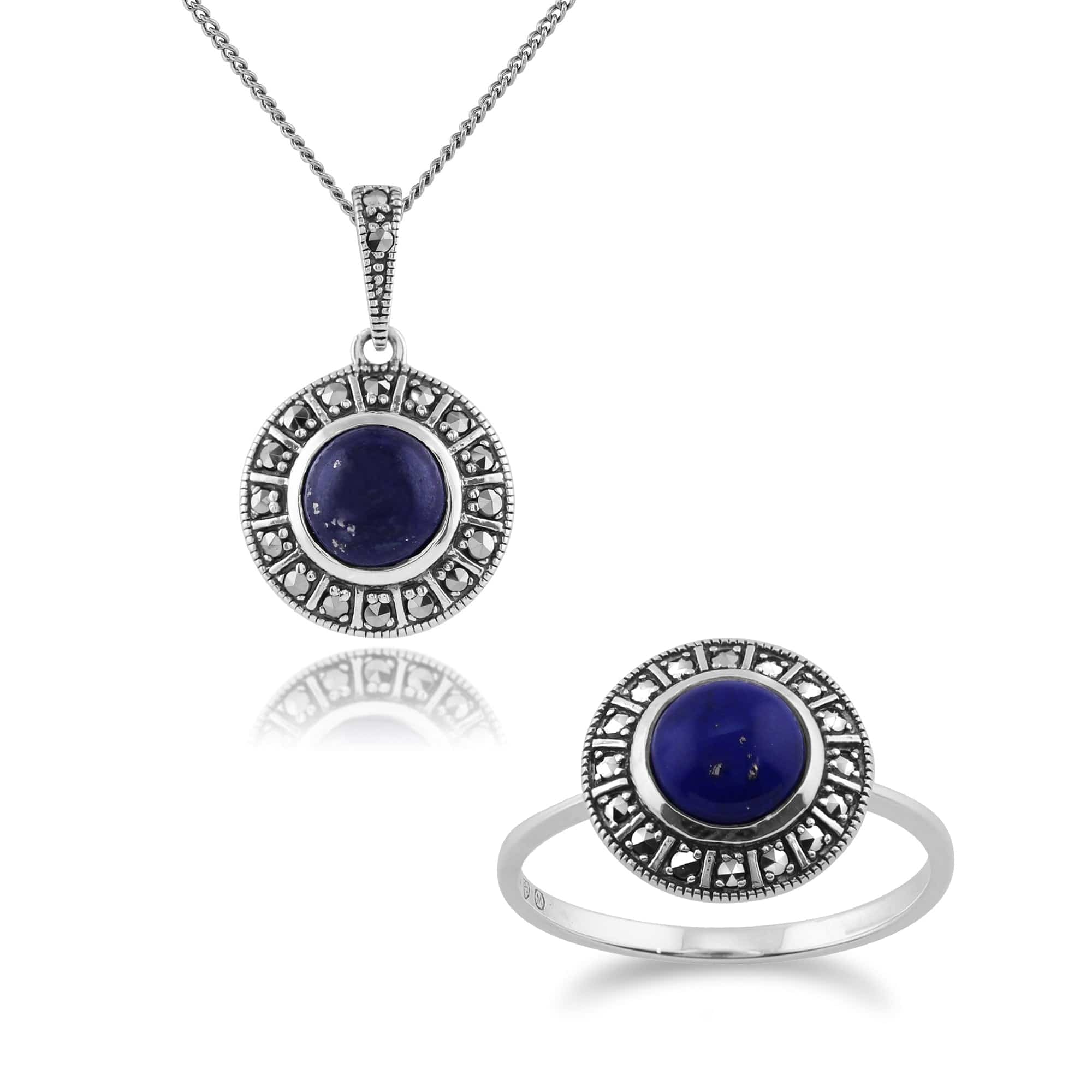 Art Deco Style Round Lapis Lazuli & Marcasite Halo Pendant & Ring Set in 925 Sterling Silver - Gemondo