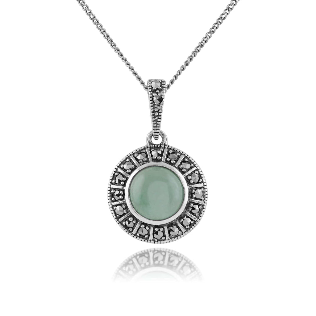 Art Deco Style Round Jade Cabochon & Marcasite Pendant 925 Sterling Silver