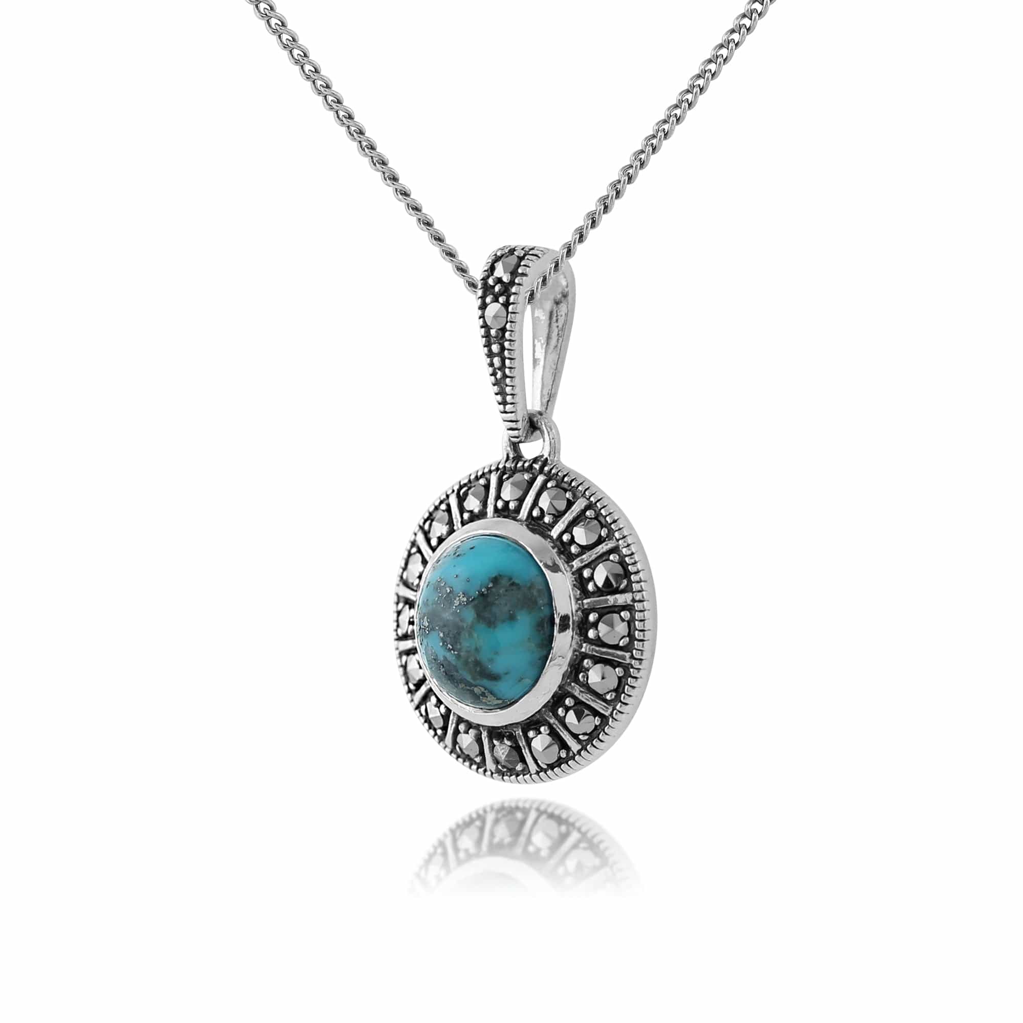 Art Deco Style Round Turquoise Cabochon & Marcasite Pendant in 925 Sterling Silver - Gemondo