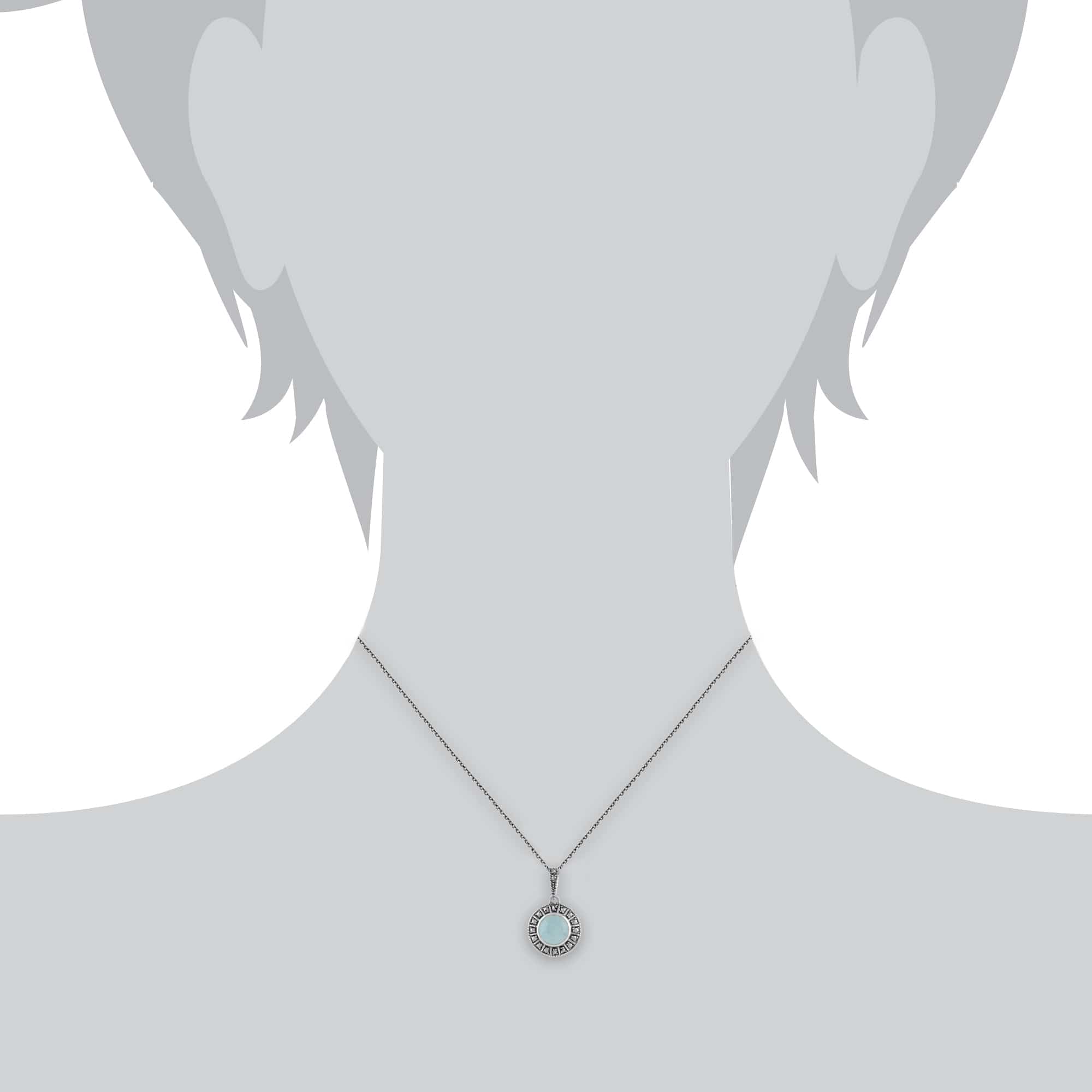Art Deco Style Round Milky Aquamarine Cabochon & Marcasite Pendant in 925 Sterling Silver - Gemondo