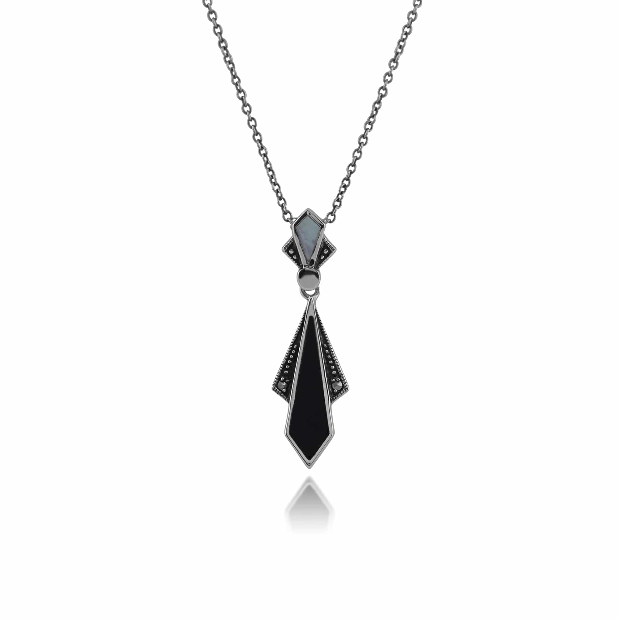 Art Deco Style Diamond Black Onyx, Mother of Pearl & Marcasite Necklace In Sterling Silver - Gemondo