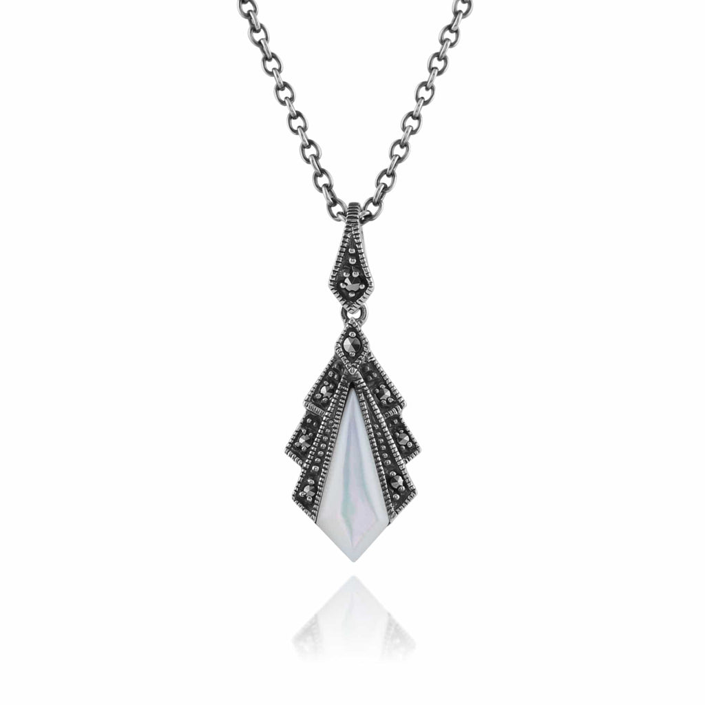 Art Deco Style Mother Pearl & Marcasite Pendant 925 Sterling