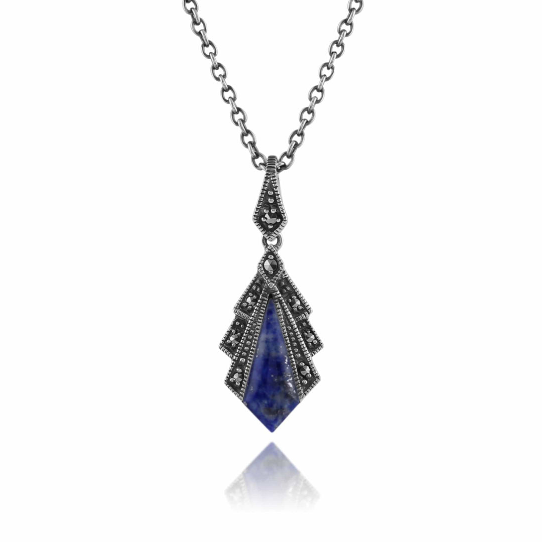 Art Deco Style Lapis Lazuli & Marcasite Pendant in 925 Sterling Silver - Gemondo