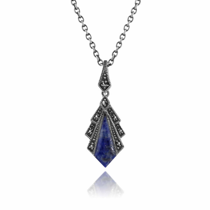 Art Deco Style Lapis Lazuli & Marcasite Pendant in 925 Sterling Silver - Gemondo