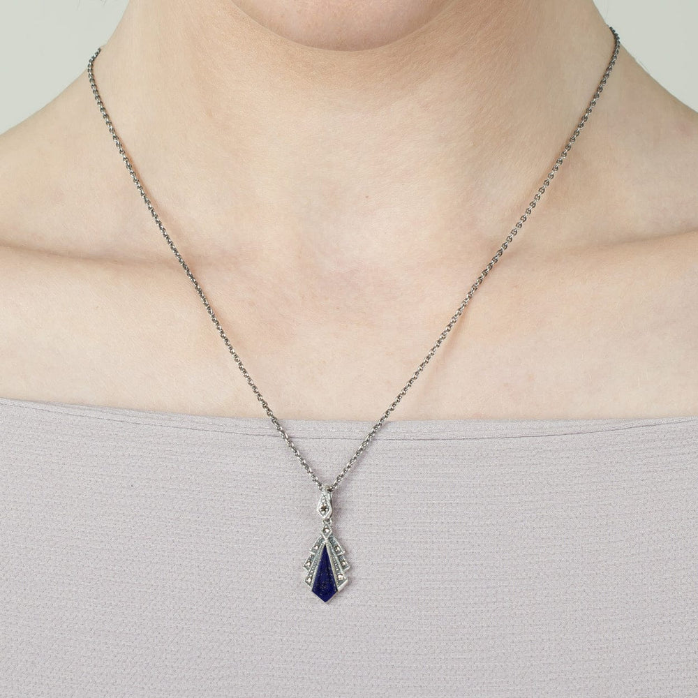 214N658202925 Art Deco Style Lapis Lazuli & Marcasite Pendant in 925 Sterling Silver 2