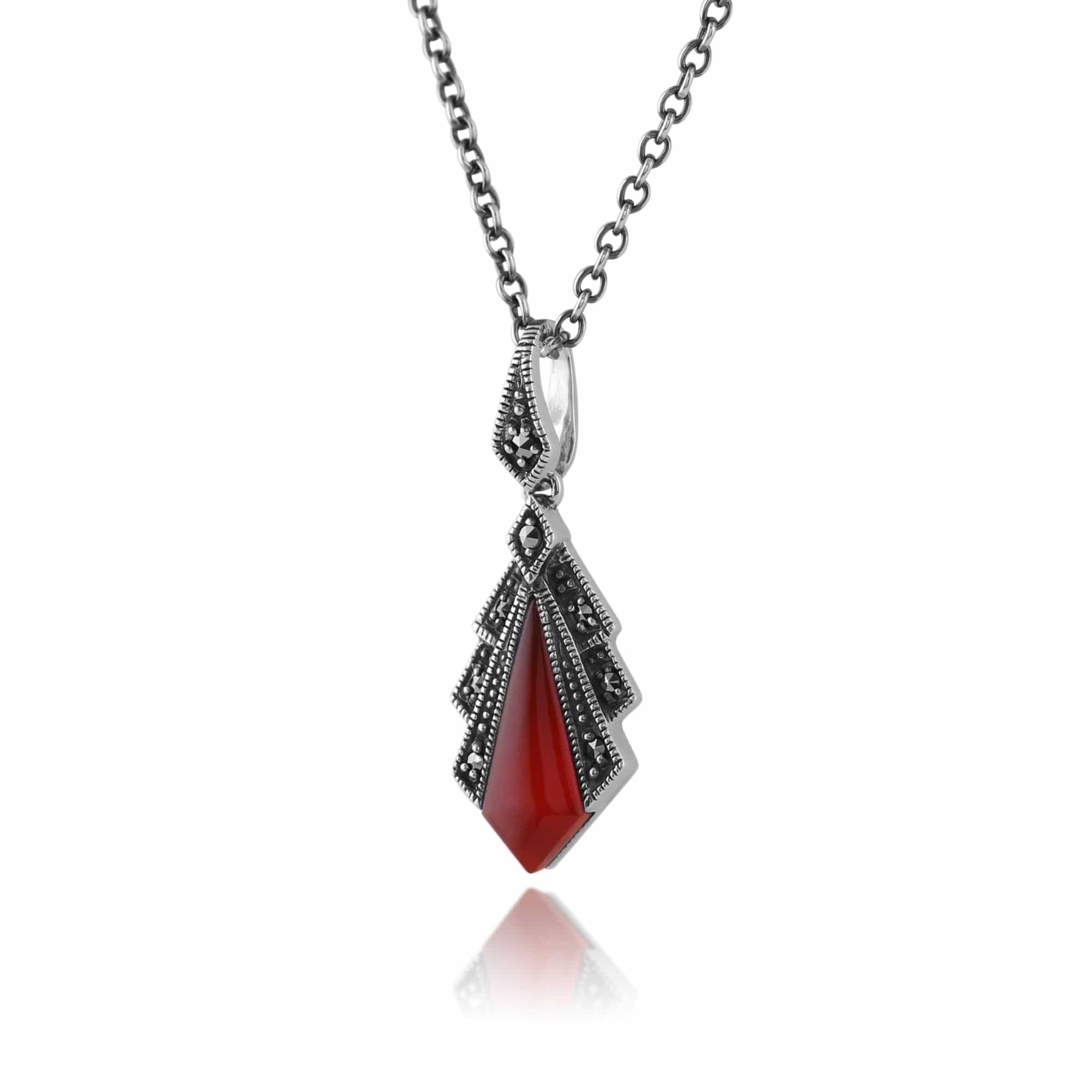 Art Deco Carnelian & Marcasite Fan Drop Earrings & Pendant Set Image 5