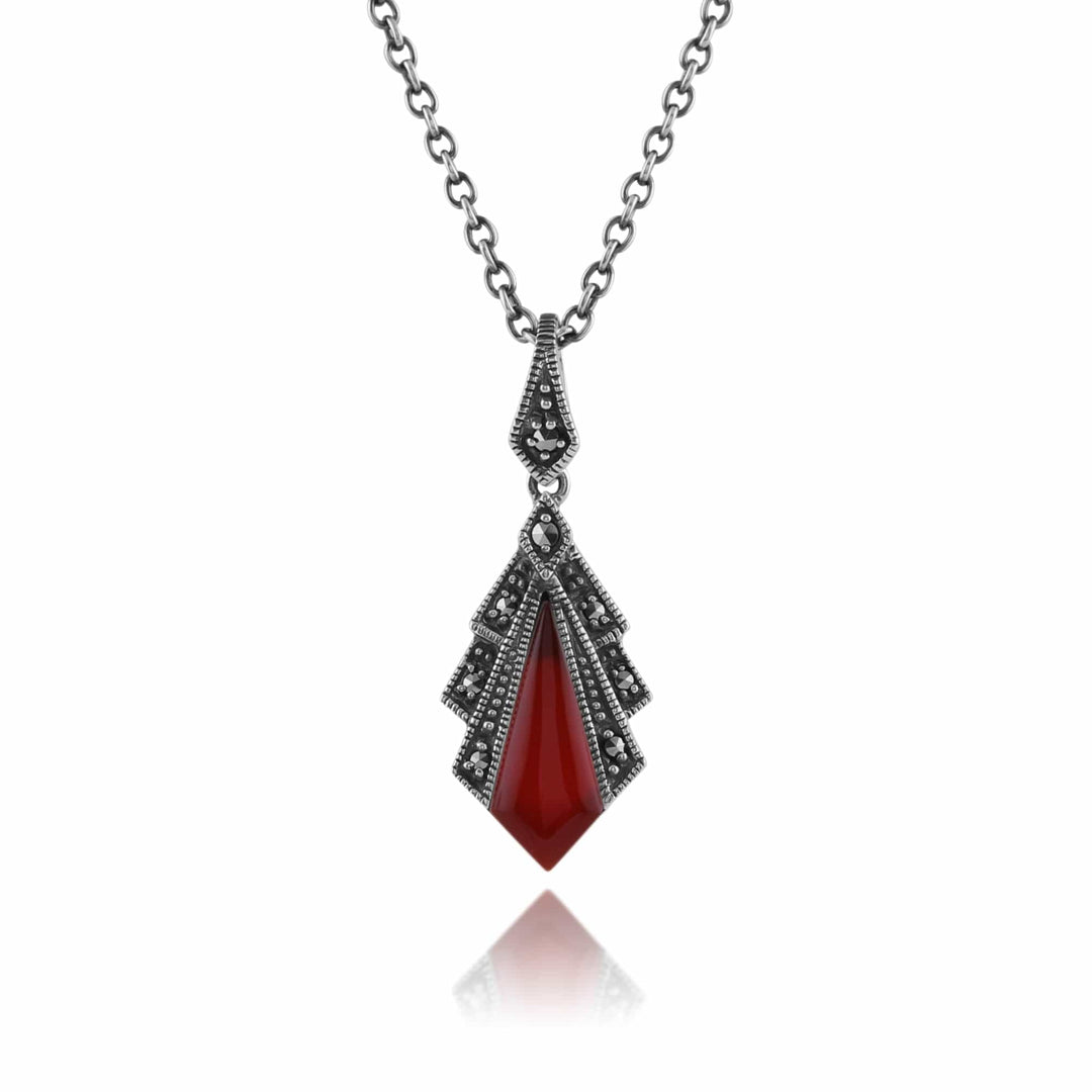 Art Deco Style Carnelian & Marcasite Pendant in 925 Sterling Silver - Gemondo