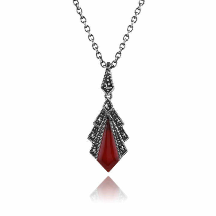Art Deco Style Carnelian & Marcasite Pendant in 925 Sterling Silver - Gemondo