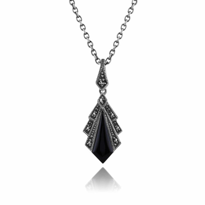 Art Deco Style Black Onyx & Marcasite Pendant in 925 Sterling Silver - Gemondo