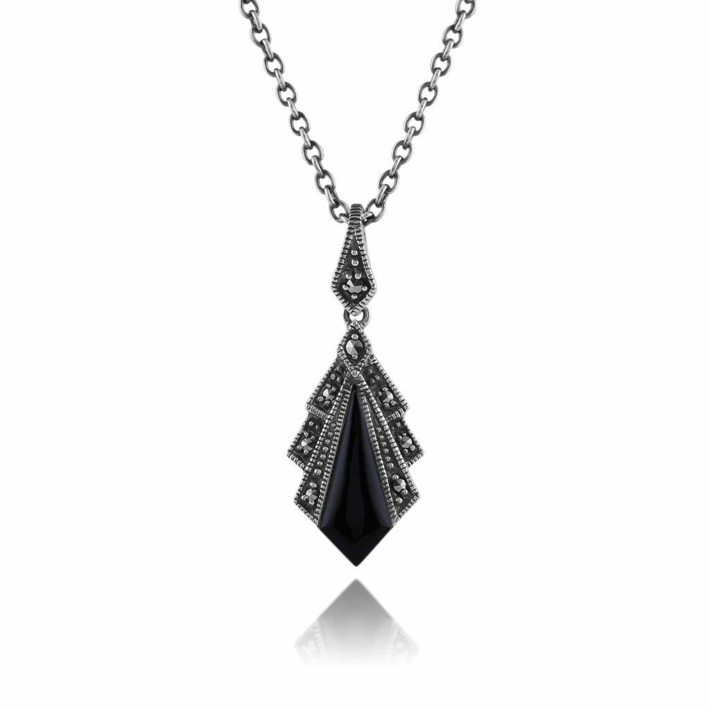 Art Deco Style Onyx & Marcasite Pendant 925 Sterling Silver
