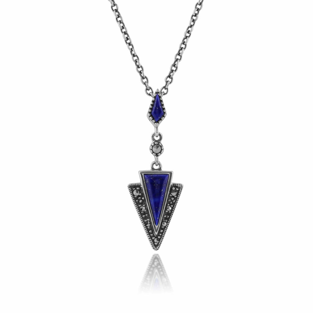 Art Deco Style Lapis Lazuli & Marcasite Pendant 925 Sterling
