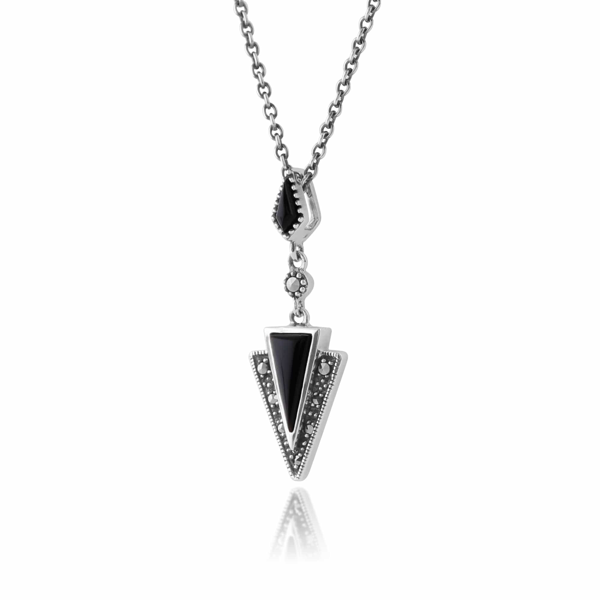 Art Deco Style Black Onyx & Marcasite Pendant in 925 Sterling Silver - Gemondo