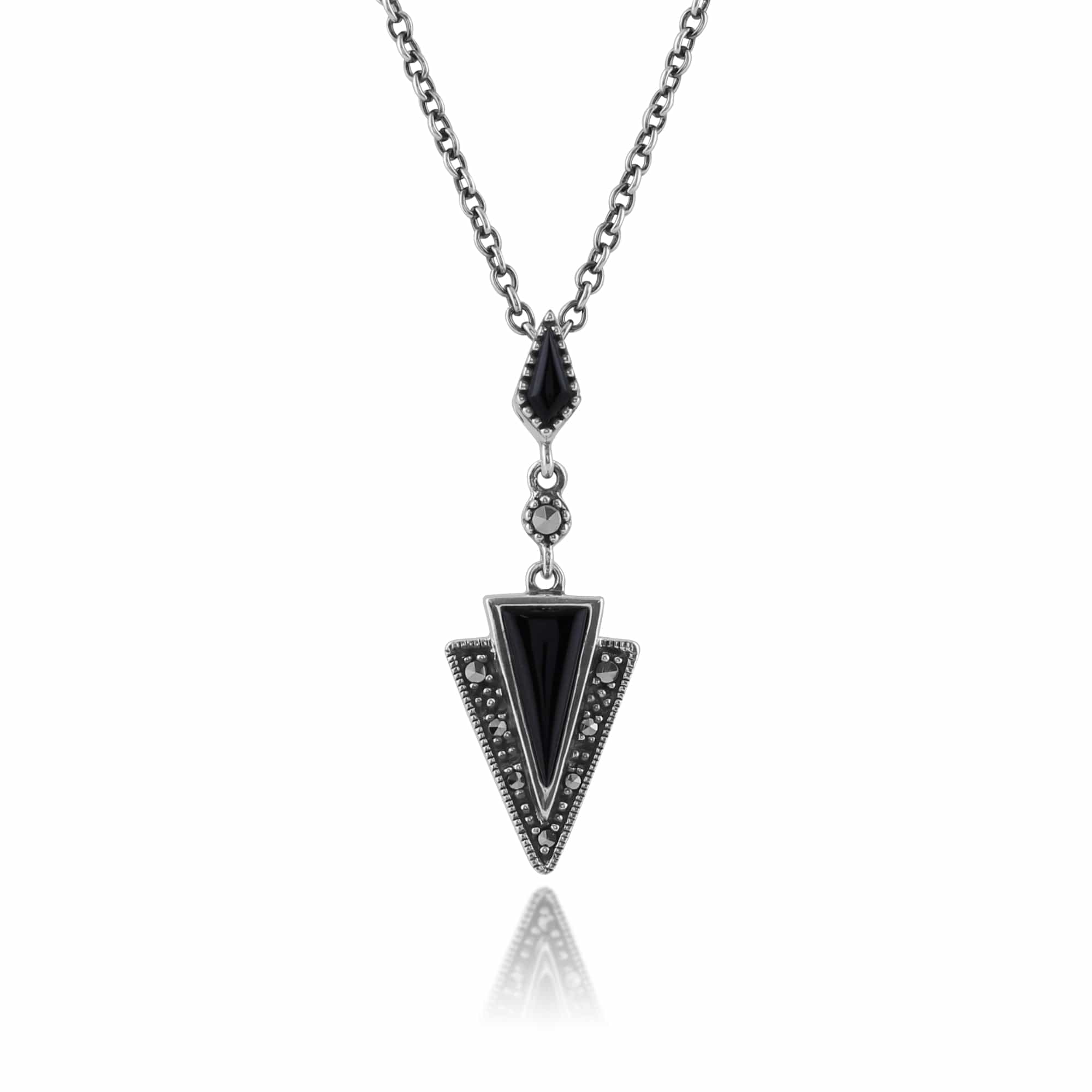 Art Deco Black Onyx & Marcasite Triangle Drop Earrings & Pendant Set Image 4