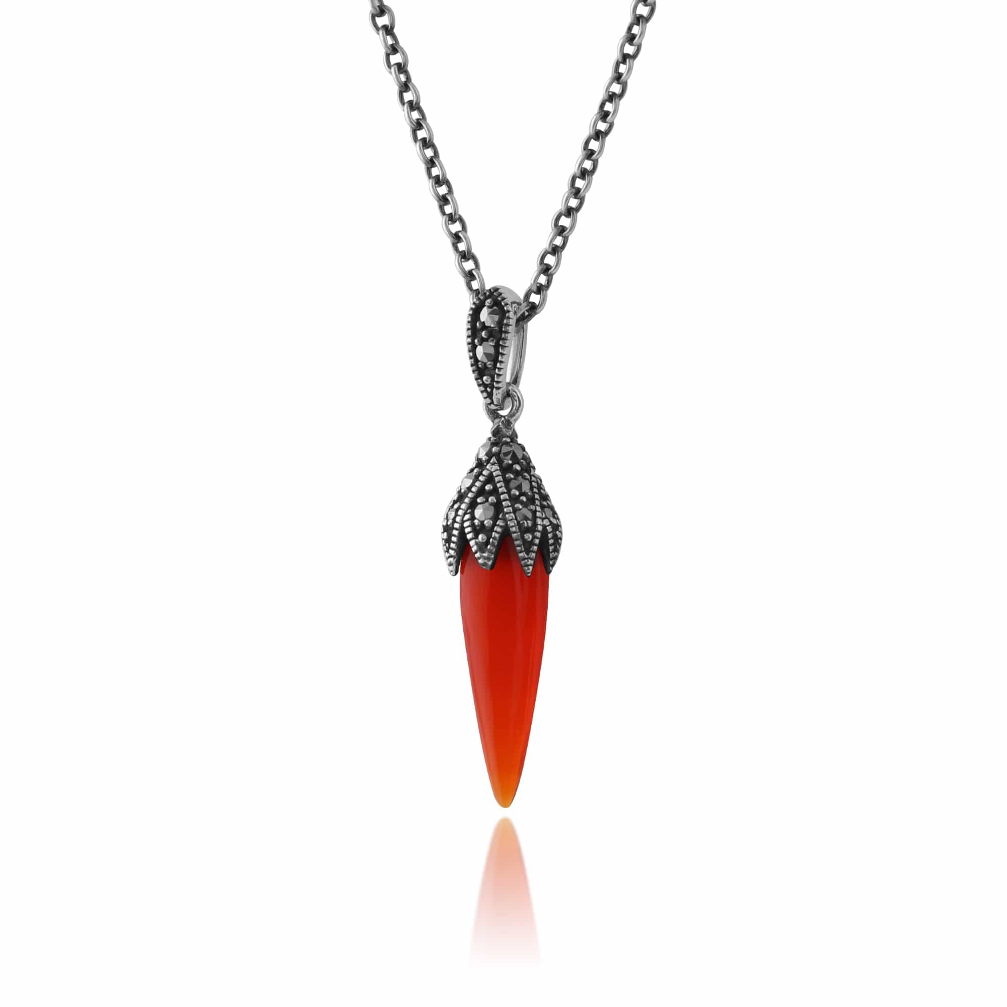 214E822901925-214N658401925 Art Deco Style Style Red Carnelian Cabochon & Marcasite Pointed Drop Earrings & Pendant Set in 925 Sterling Silver 5