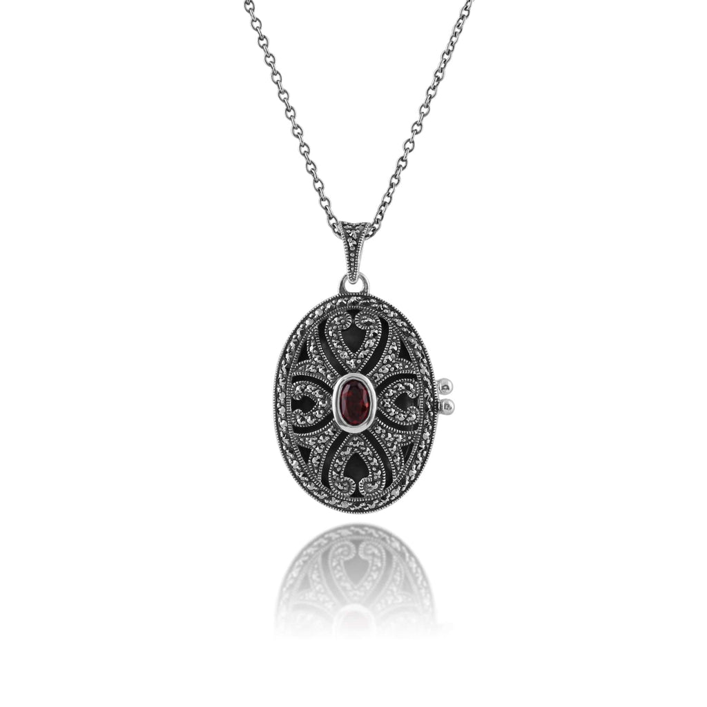 Art Nouveau Style Oval Garnet & Marcasite Locket Pendant 925 Sterling