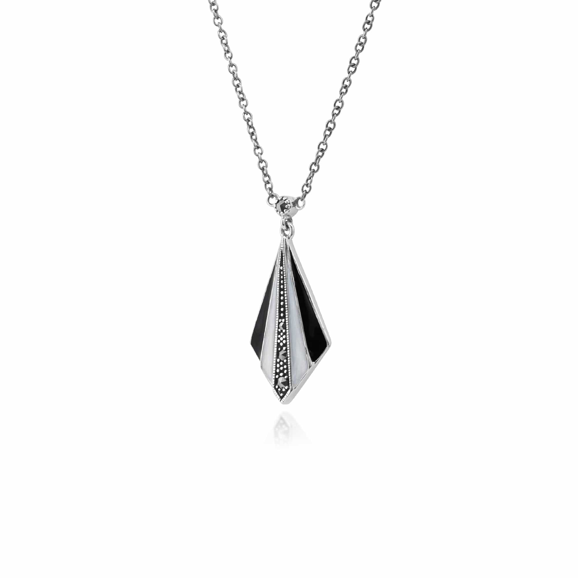 Art Deco Style Round Marcasite, Black & White Enamel Fan Drop Pendant in 925 Sterling Silver - Gemondo