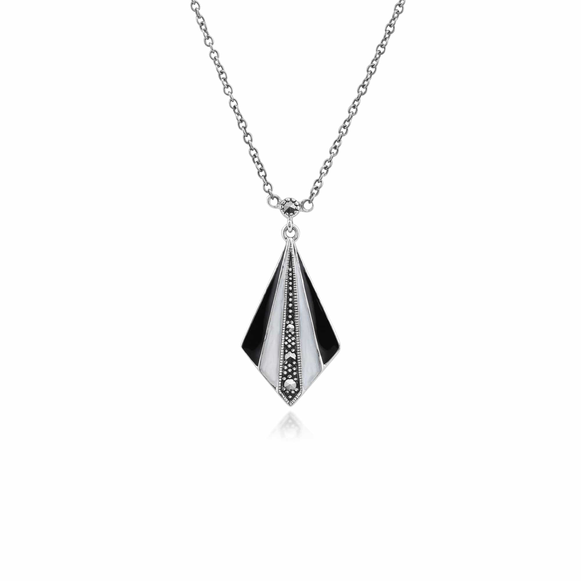 Art Deco Style Round Marcasite, Black & White Enamel Fan Drop Pendant in 925 Sterling Silver - Gemondo