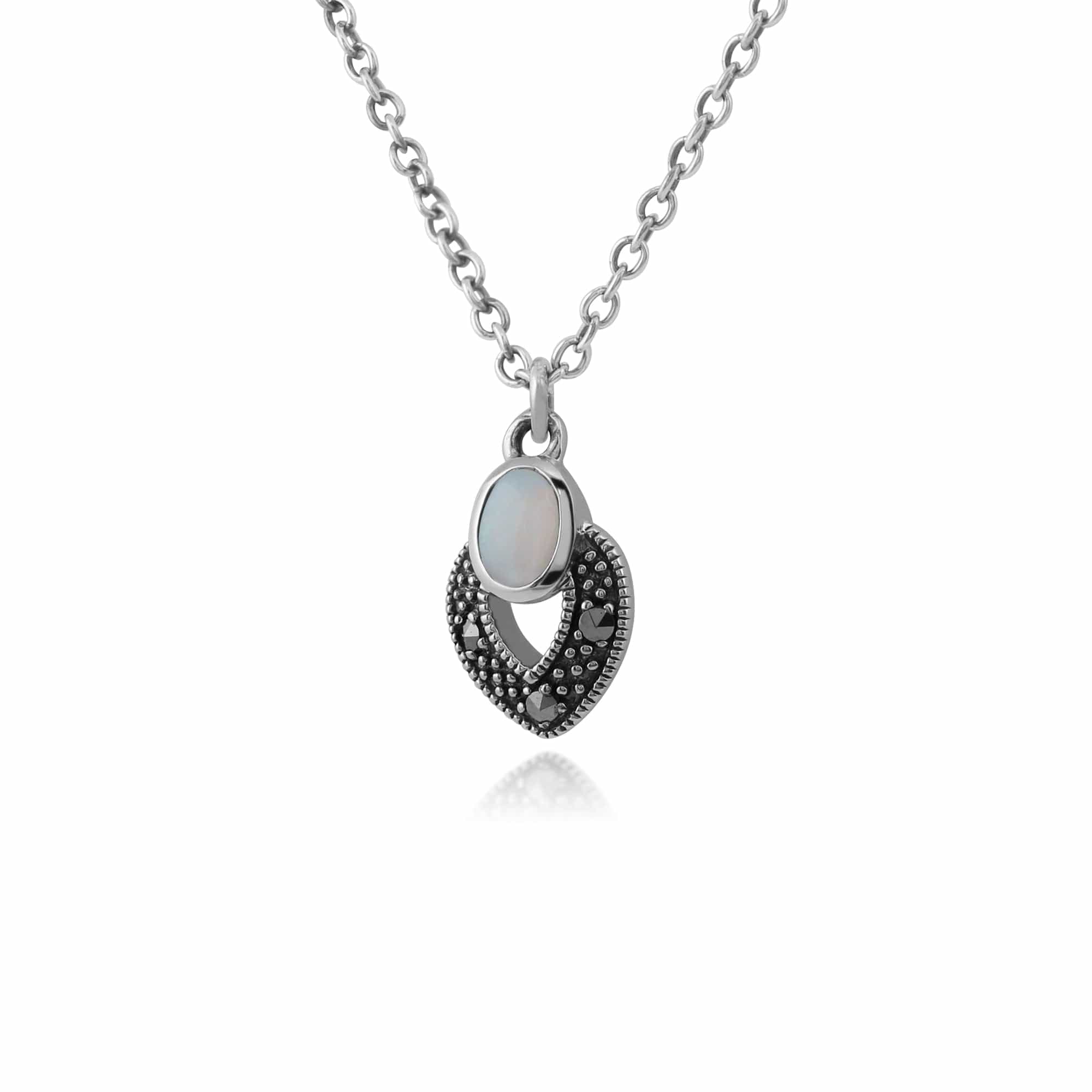 Art Deco Style Oval Opal & Marcasite Necklace in 925 Sterling Silver - Gemondo