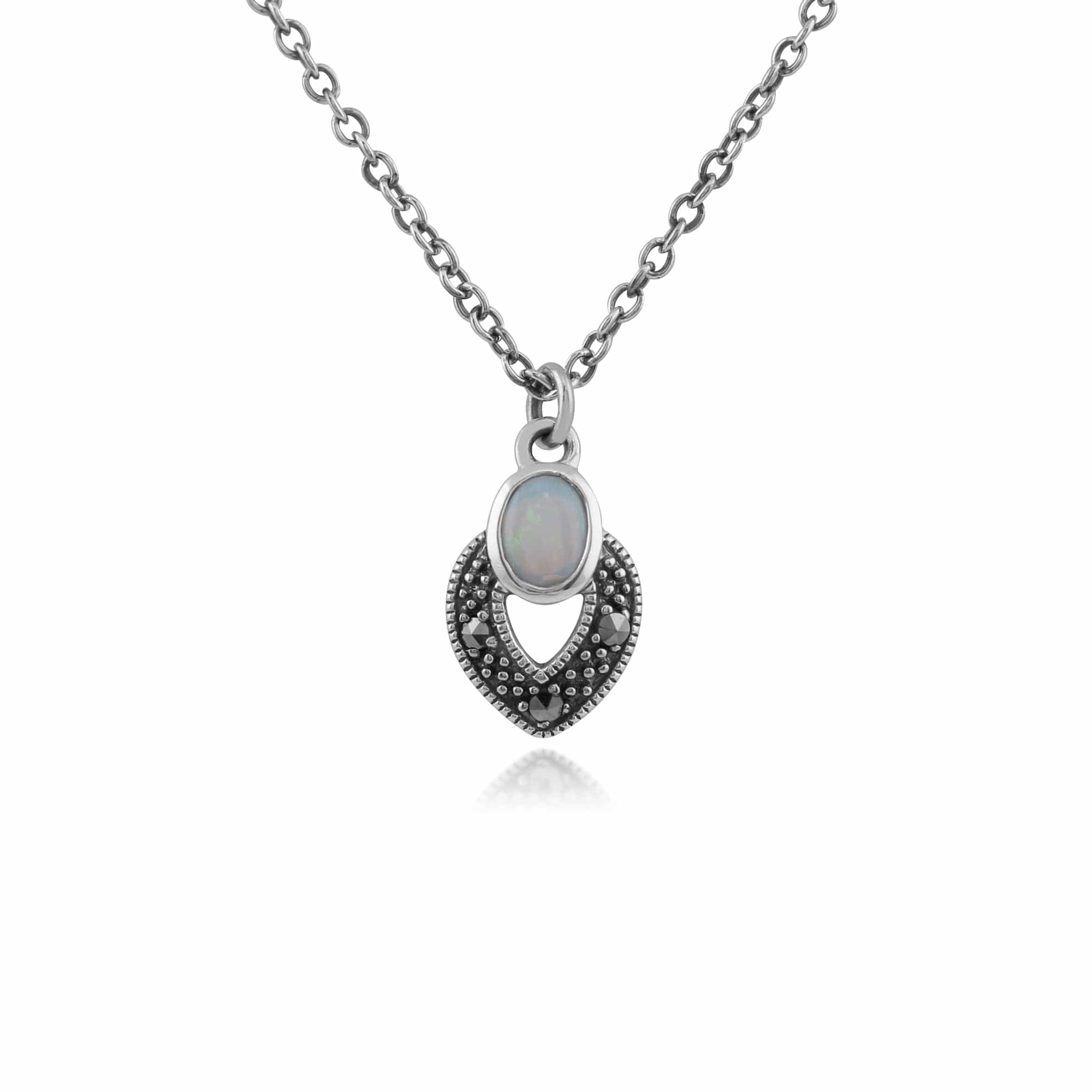 Art Deco Style Oval Opal & Marcasite Necklace in 925 Sterling Silver - Gemondo