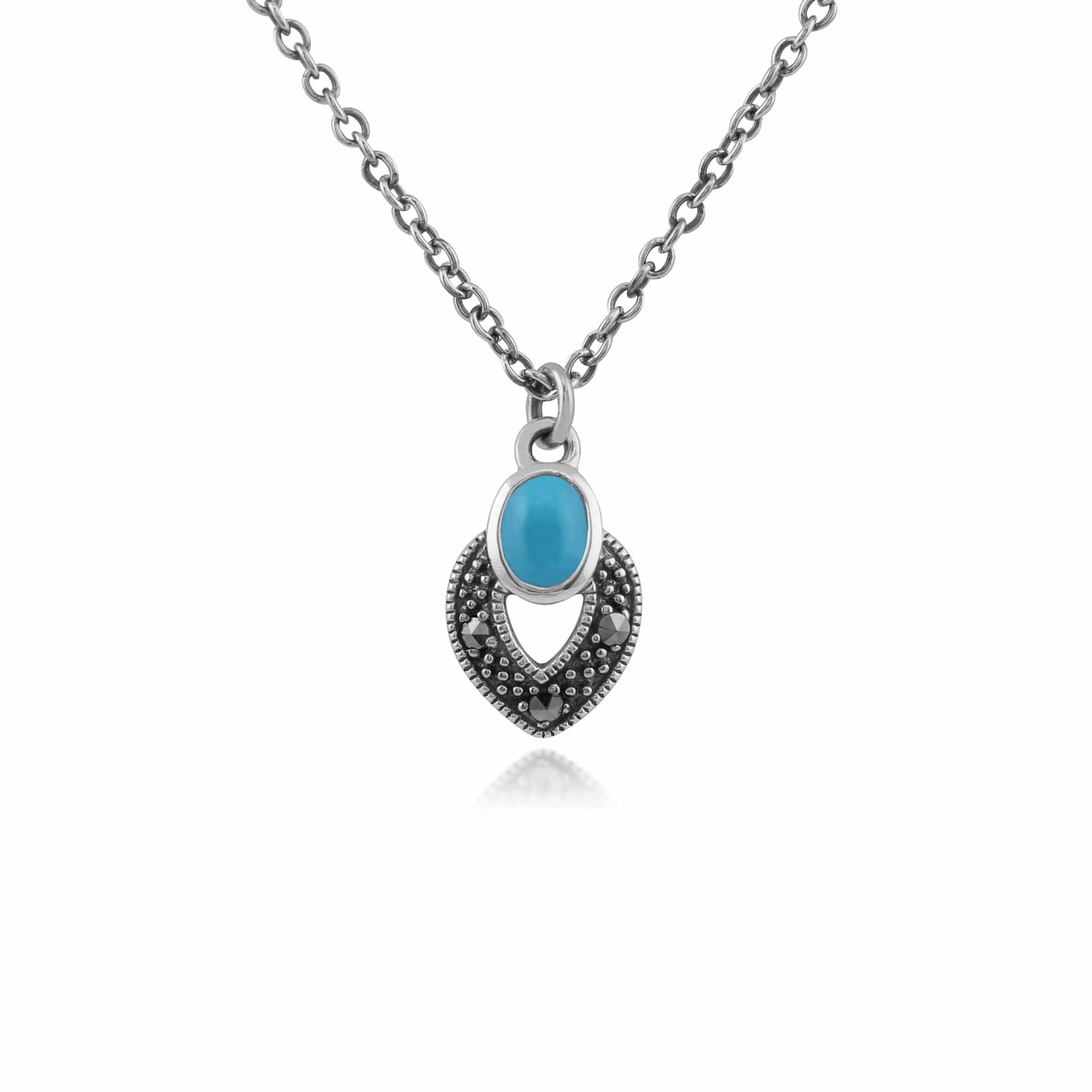 Art Deco Style Oval Turquoise & Marcasite Necklace in 925 Sterling Silver - Gemondo