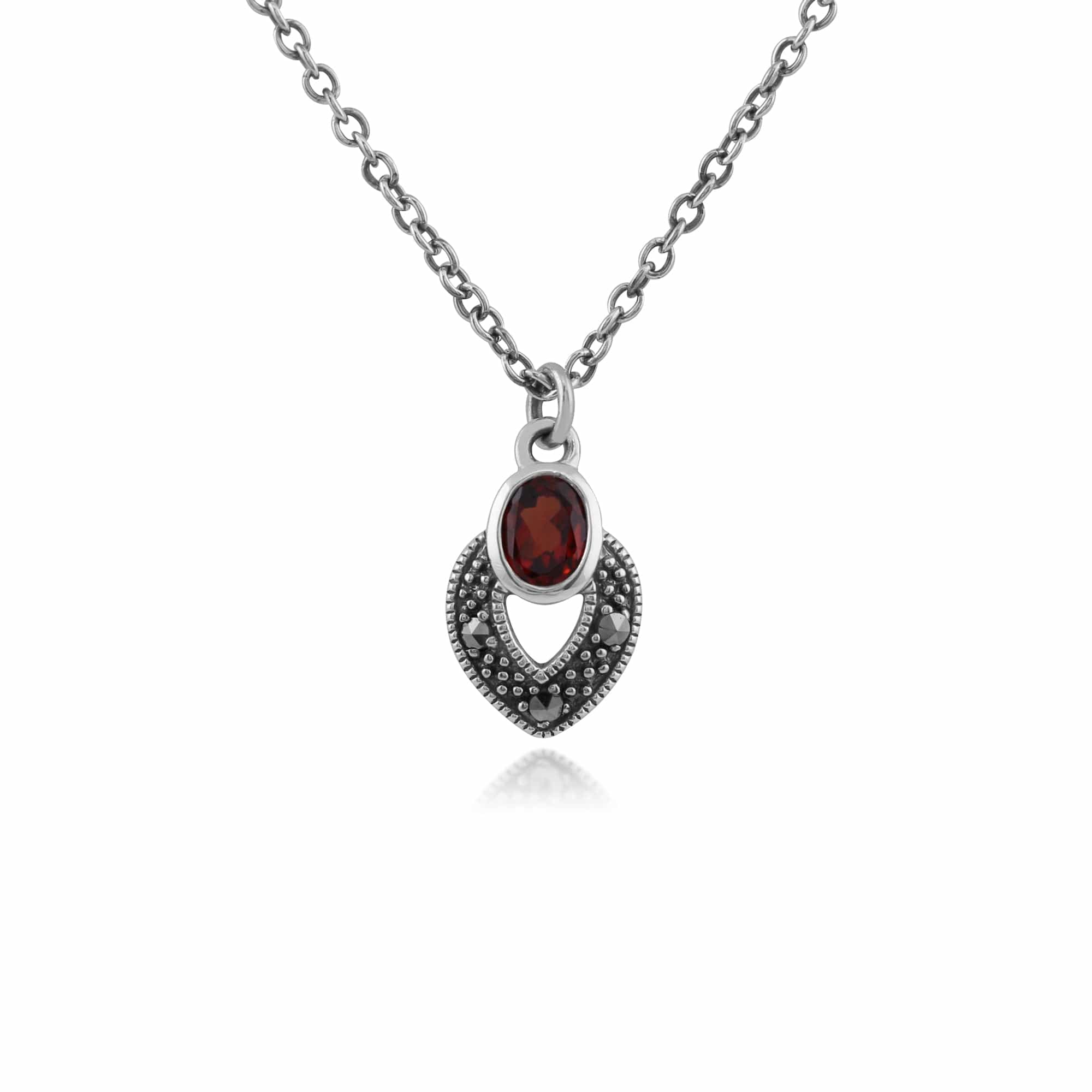 Art Deco Style Oval Garnet & Marcasite Necklace in 925 Sterling Silver - Gemondo