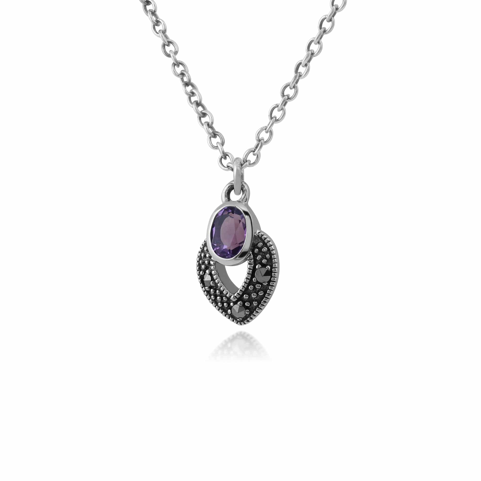 Art Deco Style Oval Amethyst & Marcasite Necklace in 925 Sterling Silver - Gemondo