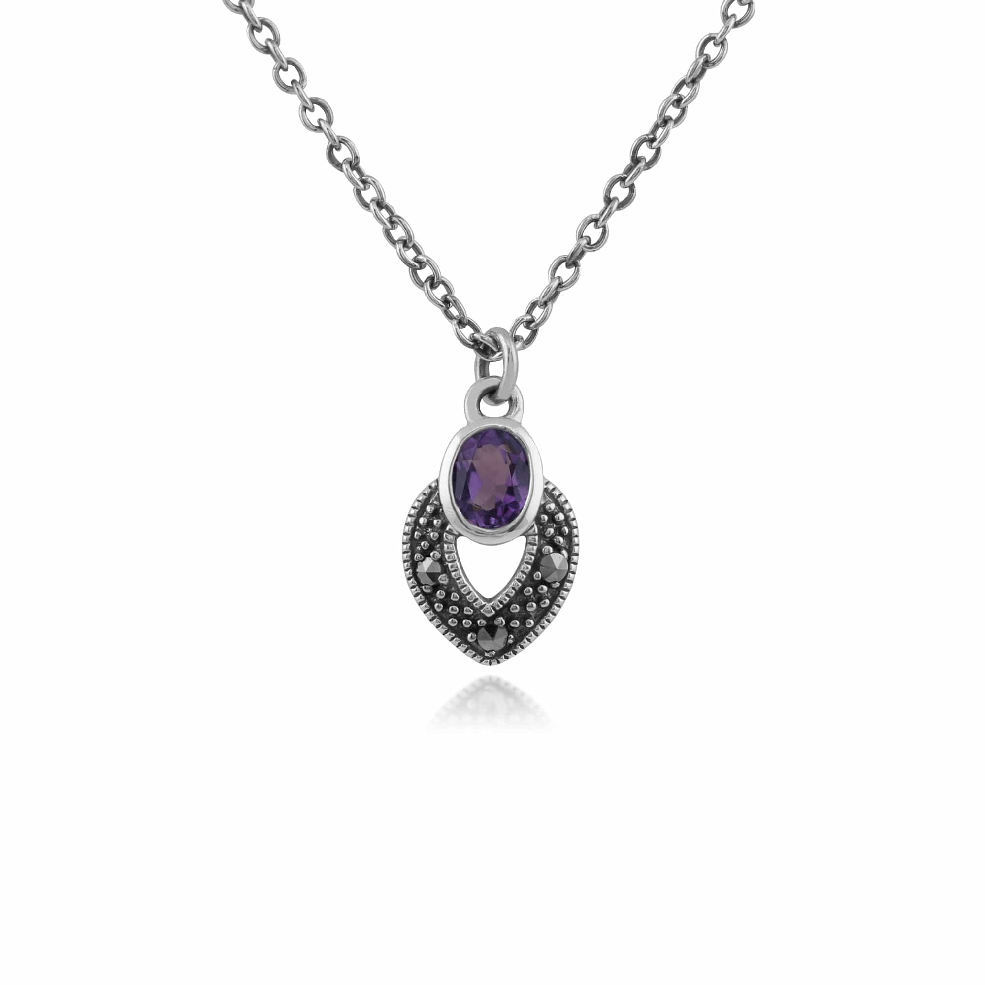 Art Deco Style Oval Amethyst & Marcasite Necklace in 925 Sterling Silver - Gemondo