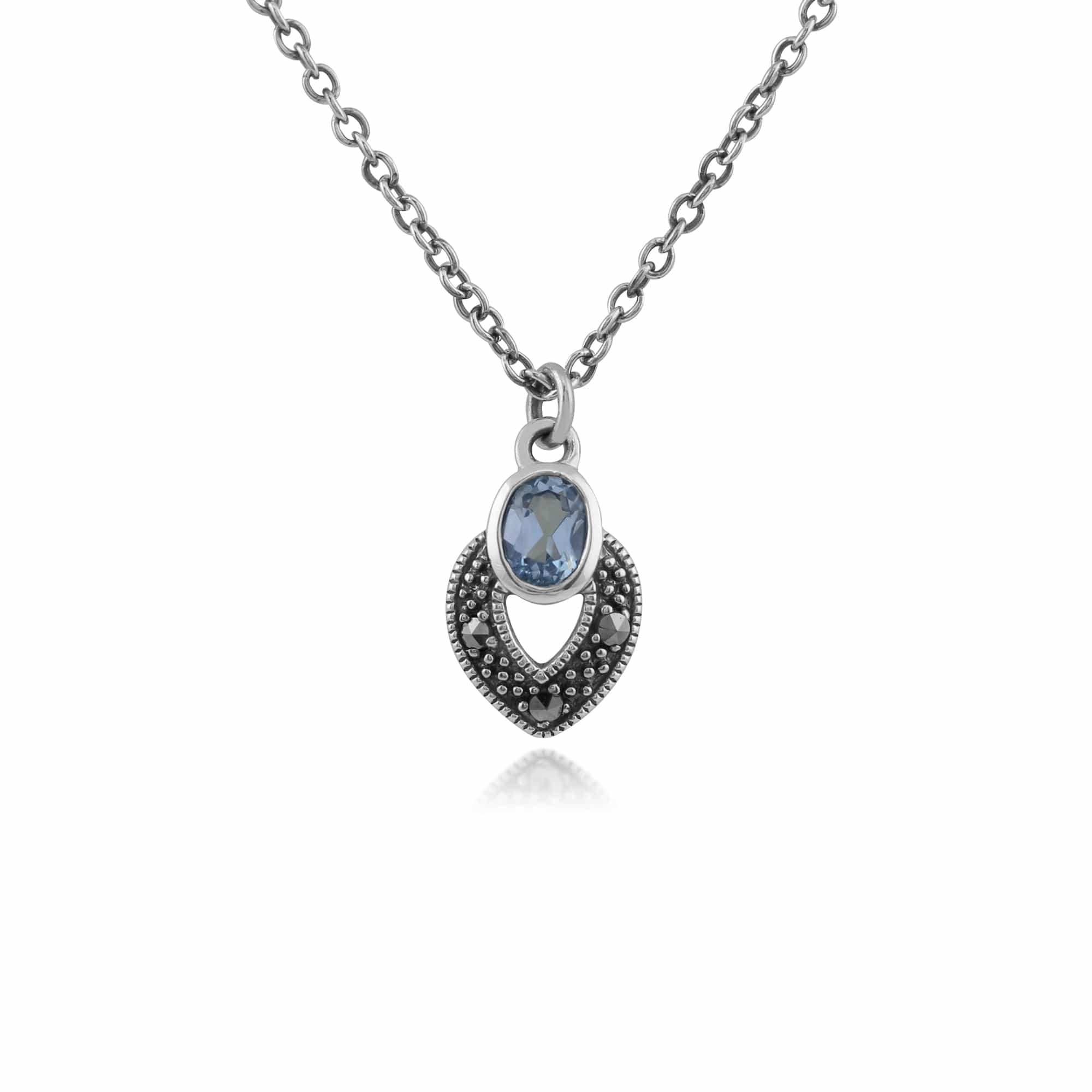 Art Deco Style Oval Blue Topaz & Marcasite Necklace in 925 Sterling Silver - Gemondo