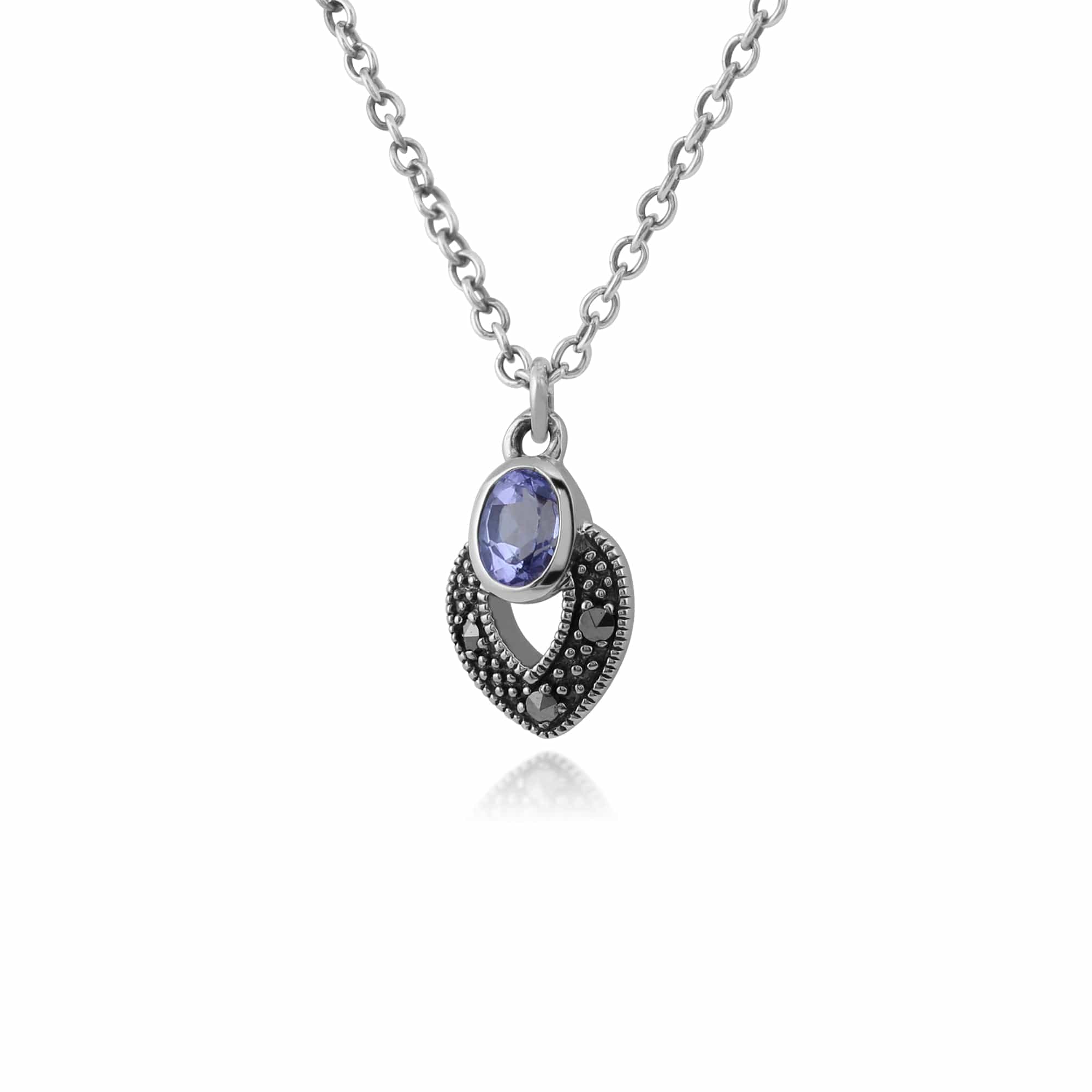 Art Deco Style Oval Tanzanite & Marcasite Necklace in 925 Sterling Silver - Gemondo