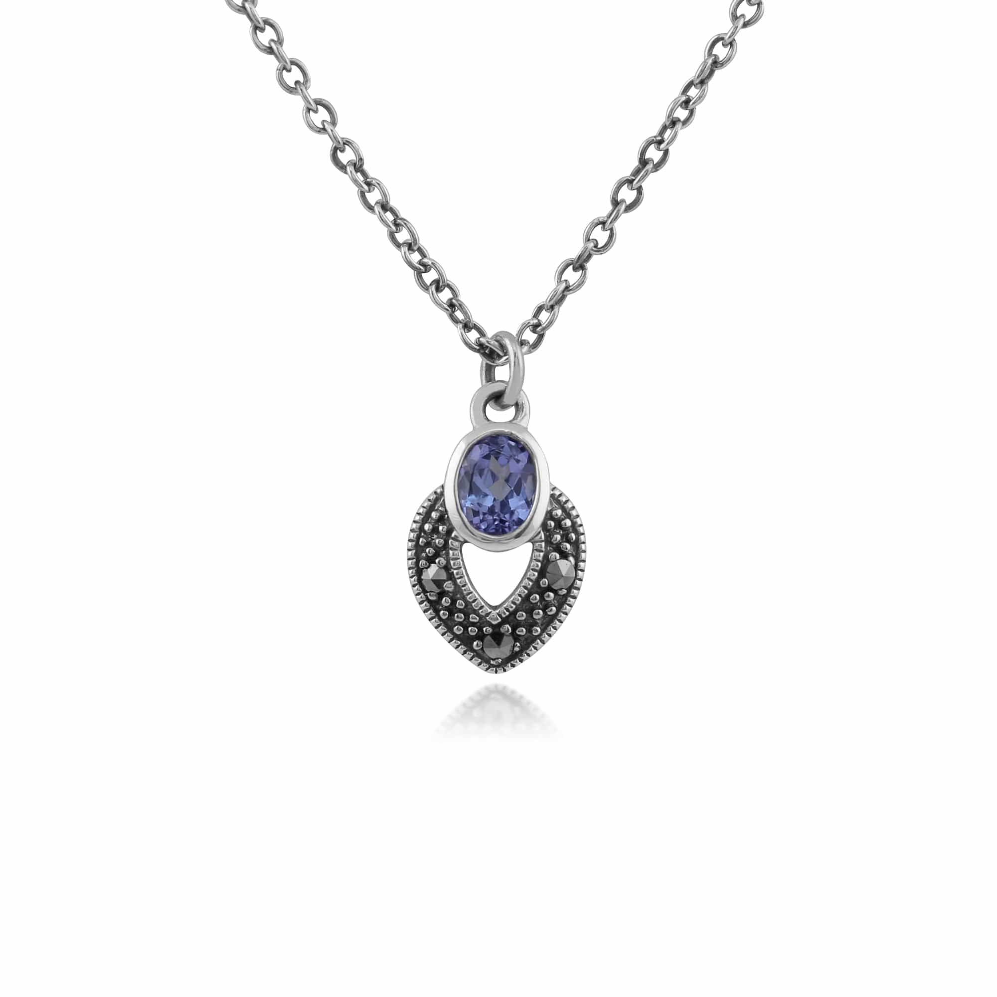 Art Deco Style Oval Tanzanite & Marcasite Necklace in 925 Sterling Silver - Gemondo