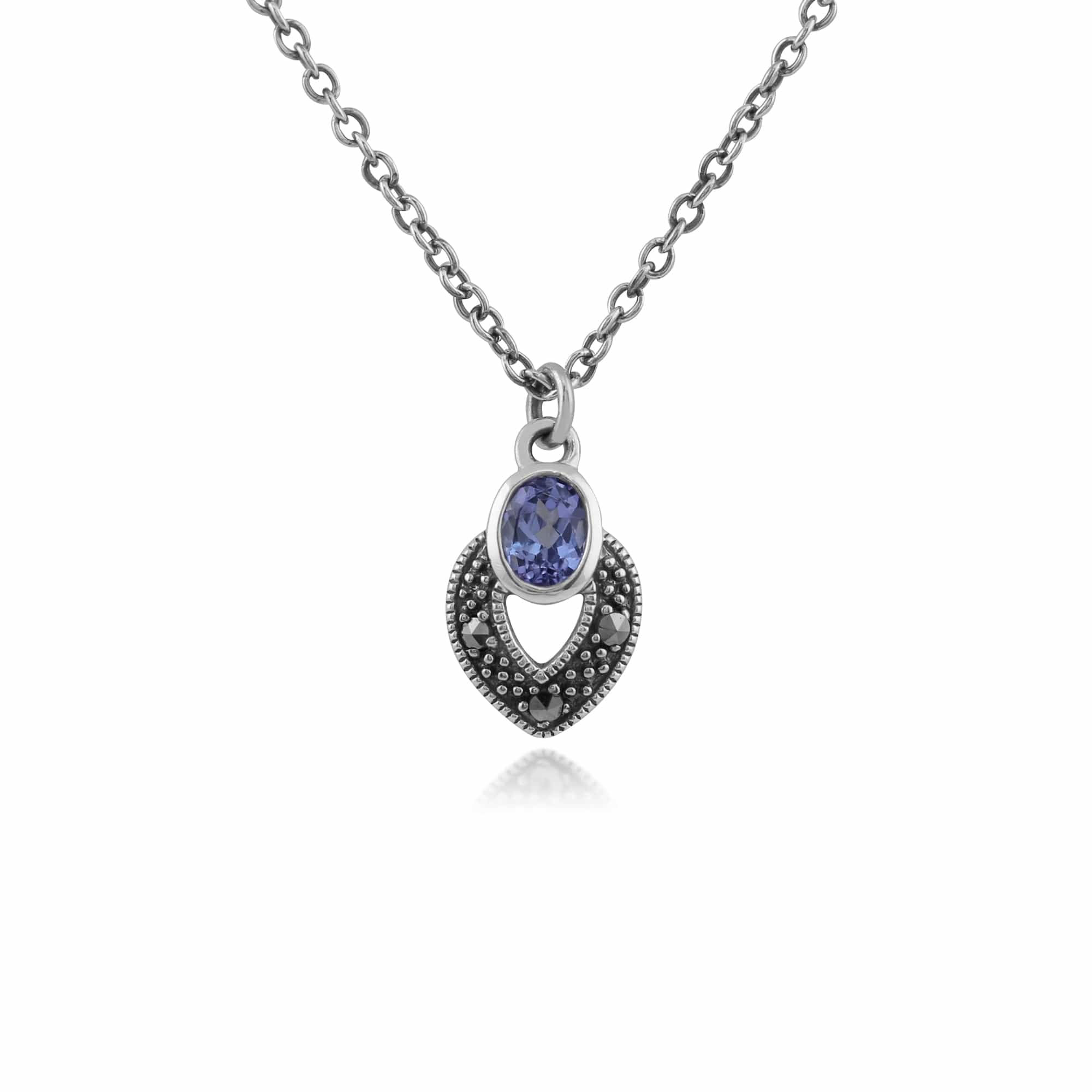 Art Deco Style Oval Tanzanite & Marcasite Necklace in 925 Sterling Silver - Gemondo