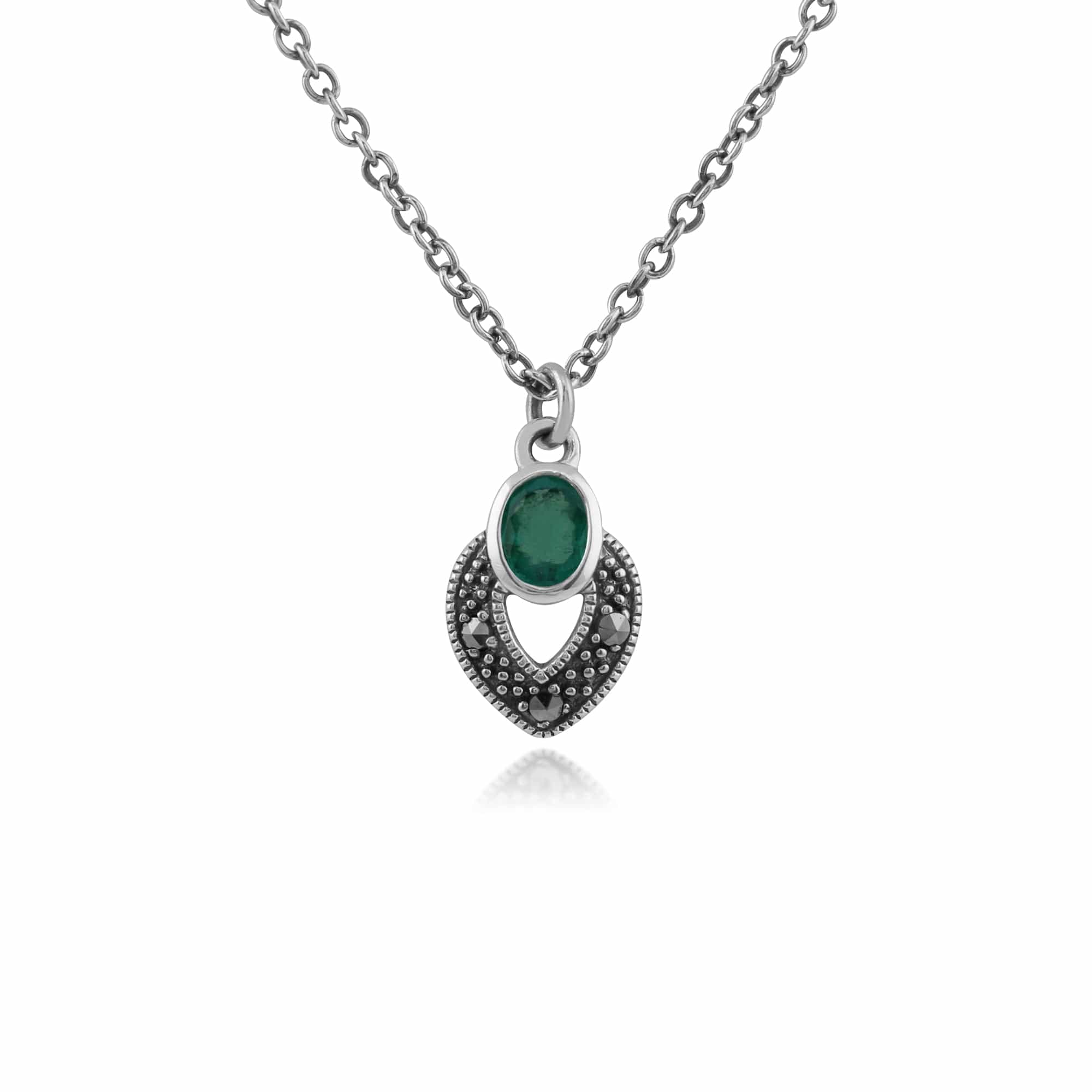 Art Deco Style Oval Emerald & Marcasite Necklace in 925 Sterling Silver - Gemondo