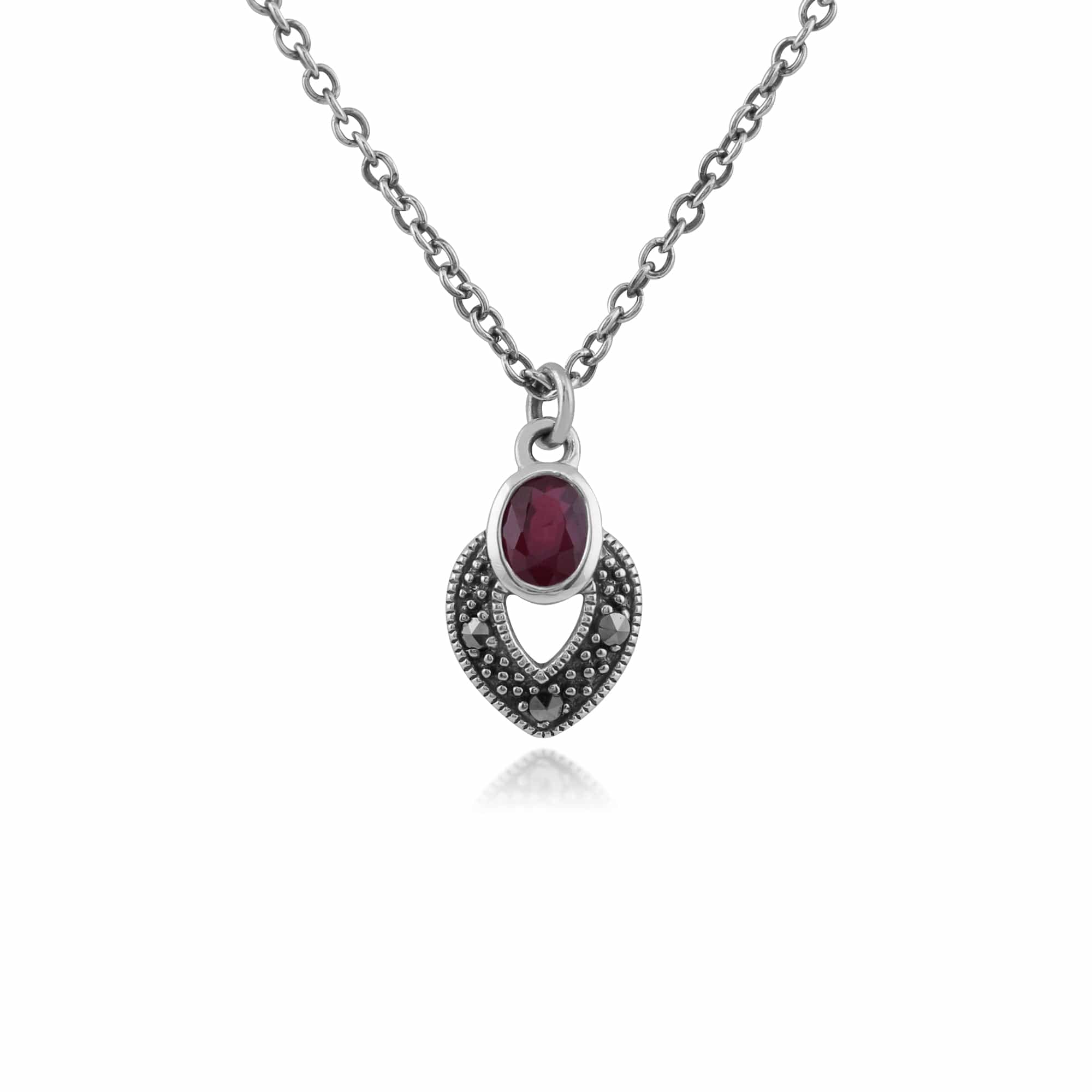 Art Deco Style Oval Ruby & Marcasite Necklace in 925 Sterling Silver - Gemondo