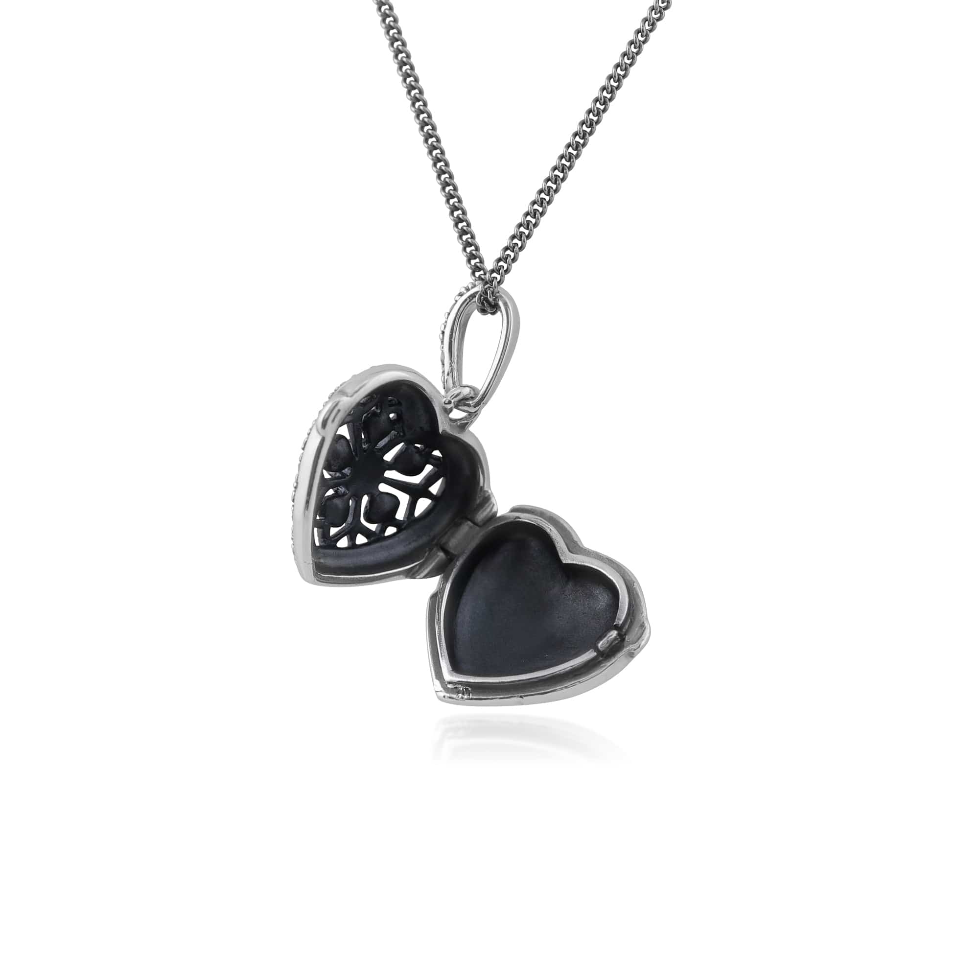 Art Nouveau Style Round Diamond & Marcasite Heart Necklace in 925 Sterling Silver - Gemondo