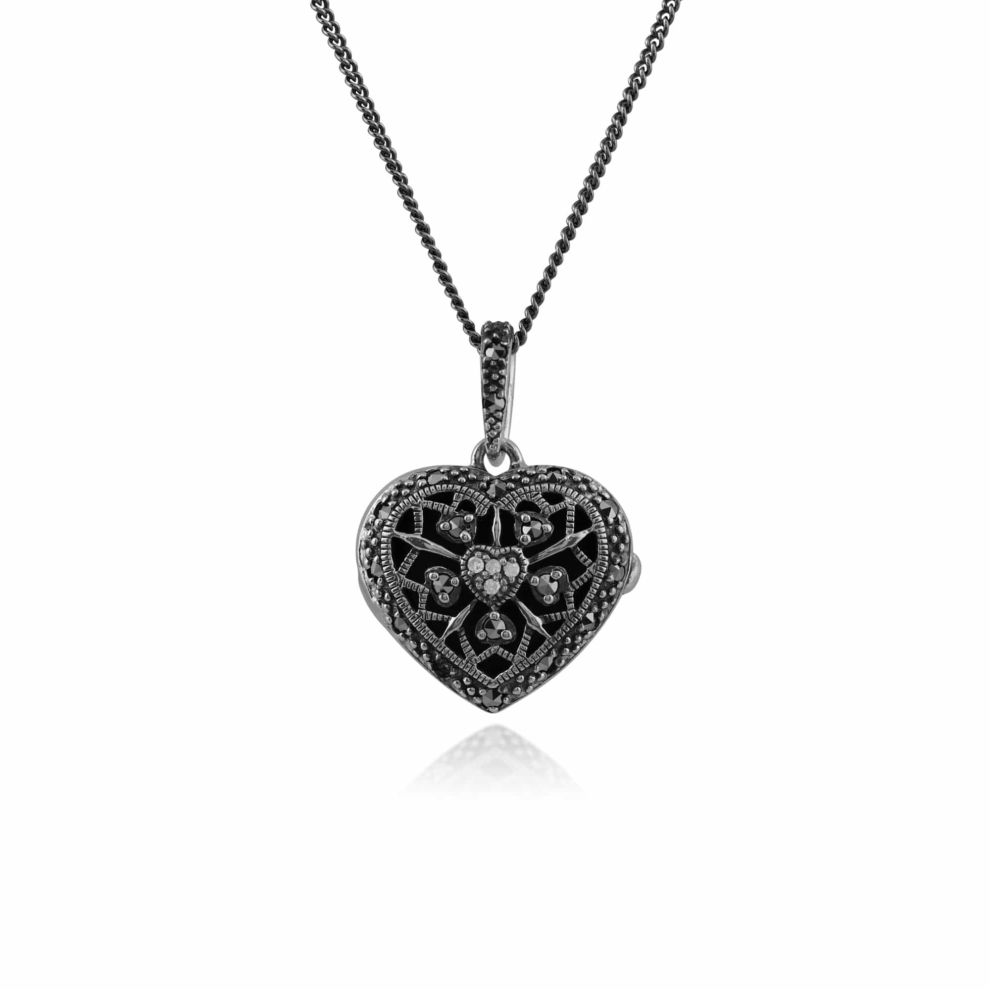 Art Nouveau Style Round Diamond & Marcasite Heart Necklace in 925 Sterling Silver - Gemondo