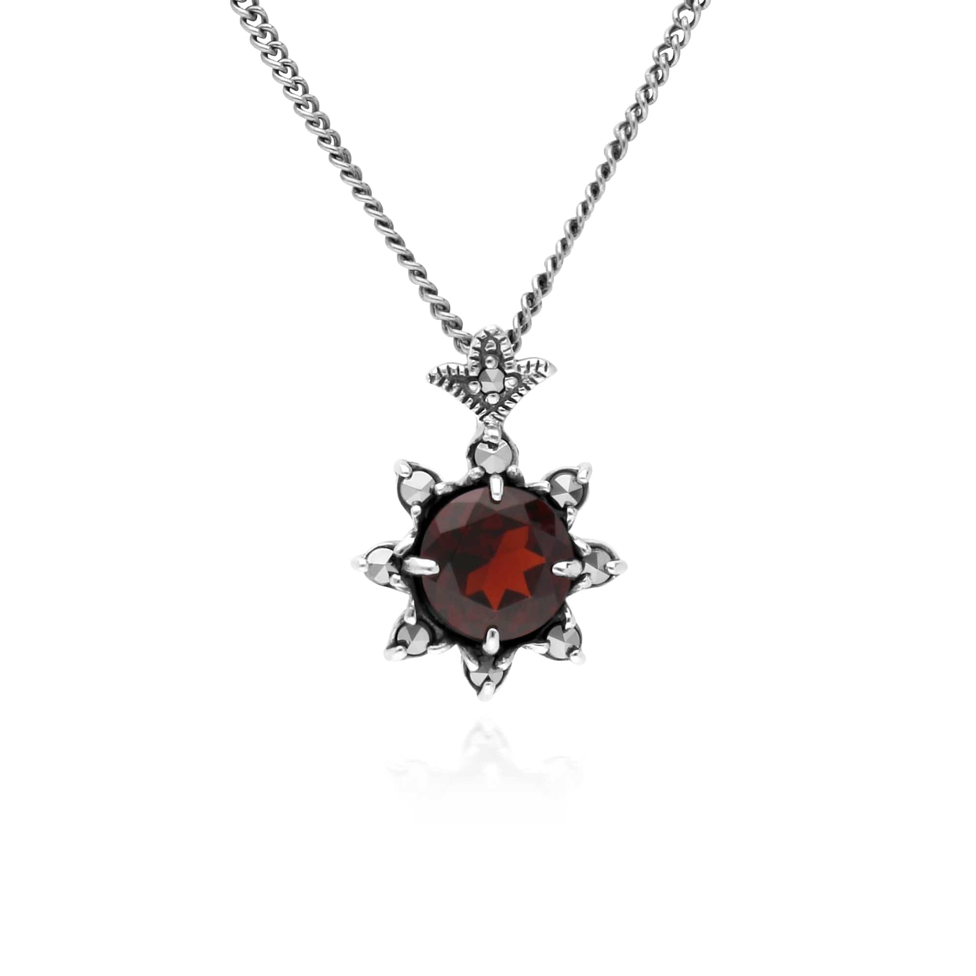 Floral Round Garnet & Marcasite Pendant in 925 Sterling Silver - Gemondo